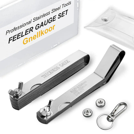 Premium Stainless Steel Feeler Gauge Set For Valves With Straight And Angled Blades For Automotive Work Two Piece Kit With Inch And Metric Measurements 48 Blades Total 32 Straight And 16 Angled Blades Gauge Tool For Gap Checking And Valve Clearance displayed with packaging and accessories.
