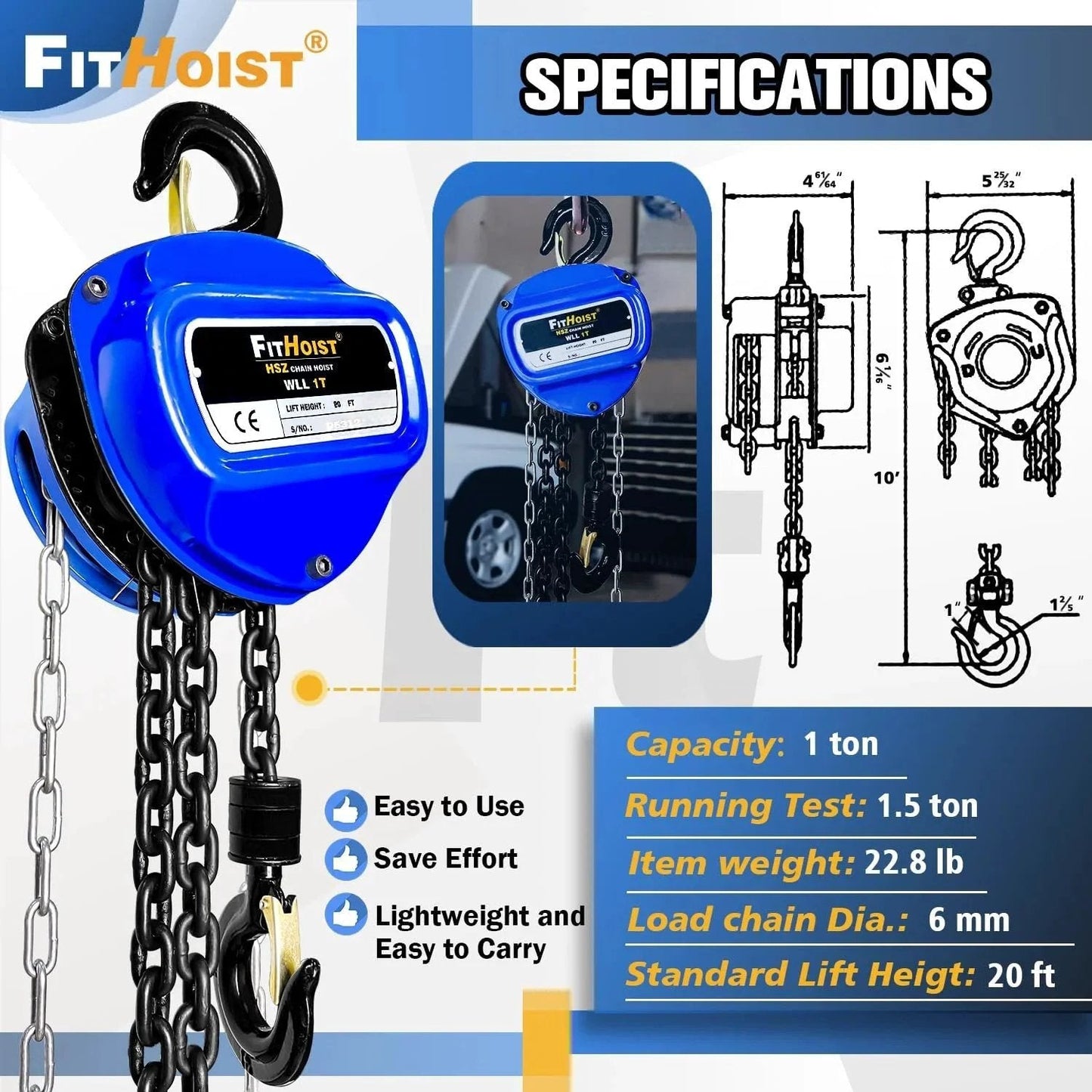 1 Ton Hand Chain Hoist With 20 Ft Chain In G80 Manganese Steel, dual hooks, heavy-duty lifting specifications and diagram.