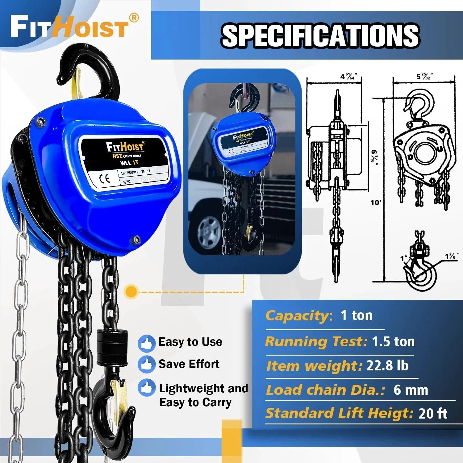 1 Ton Hand Chain Hoist With 20 Ft Chain In G80 Manganese Steel, dual hooks, heavy-duty lifting specifications and diagram.
