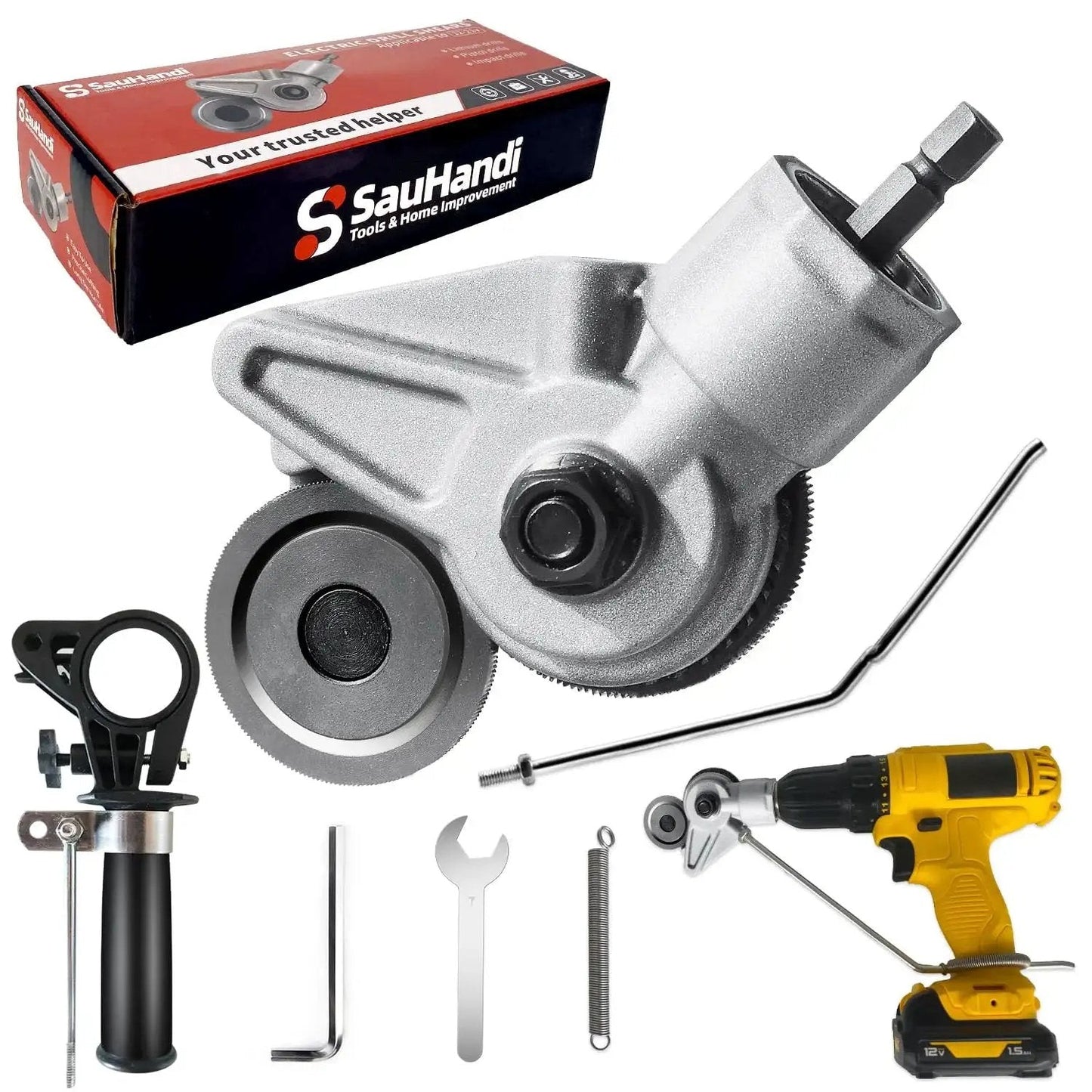 Drill Cut Pro Metal Cutting Adapter For Electric Drills, Upgraded Sheet Metal Cutter Attachment with tools shown