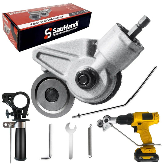 Drill Cut Pro Metal Cutting Adapter For Electric Drills, Upgraded Sheet Metal Cutter Attachment with tools shown