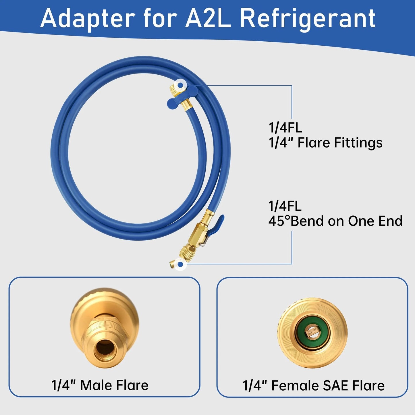 Color Coded A2L Refrigerant Hose Set With Ball Valve Sixty Inch Length One Quarter Inch Left Handed R454B Adapter For R1234YF And R454B HVAC Systems Three Pack Ergonomic Wrench Included High Pressure And Wide Temperature Resilience, hose and fittings shown