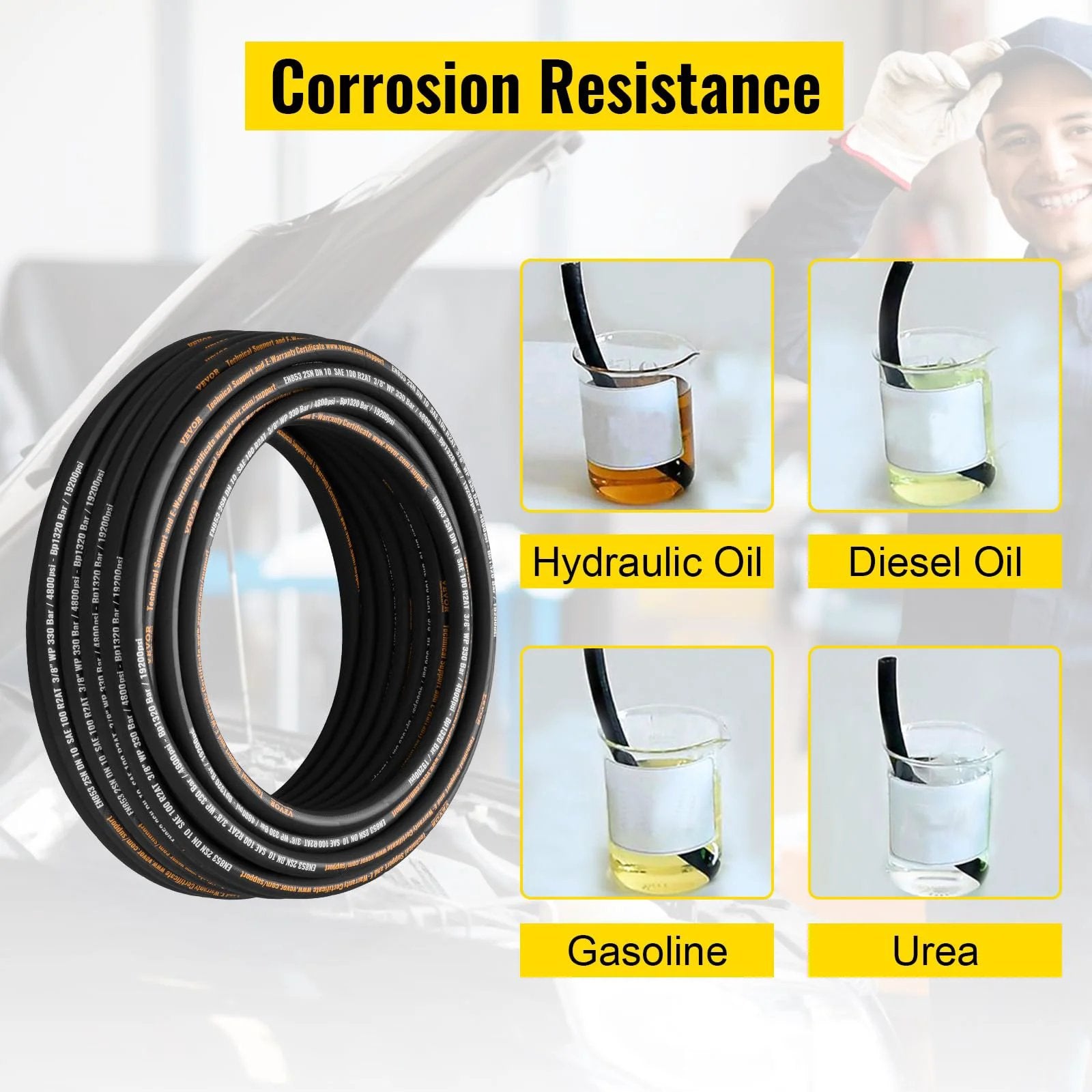 Hydraulic Hose Three Eighths Inch By One Hundred Feet Coiled, 4800 PSI, Dual High Tensile Steel Wire Braid, Flexible Bulk Rubber Oil Hose For Heavy Duty Equipment