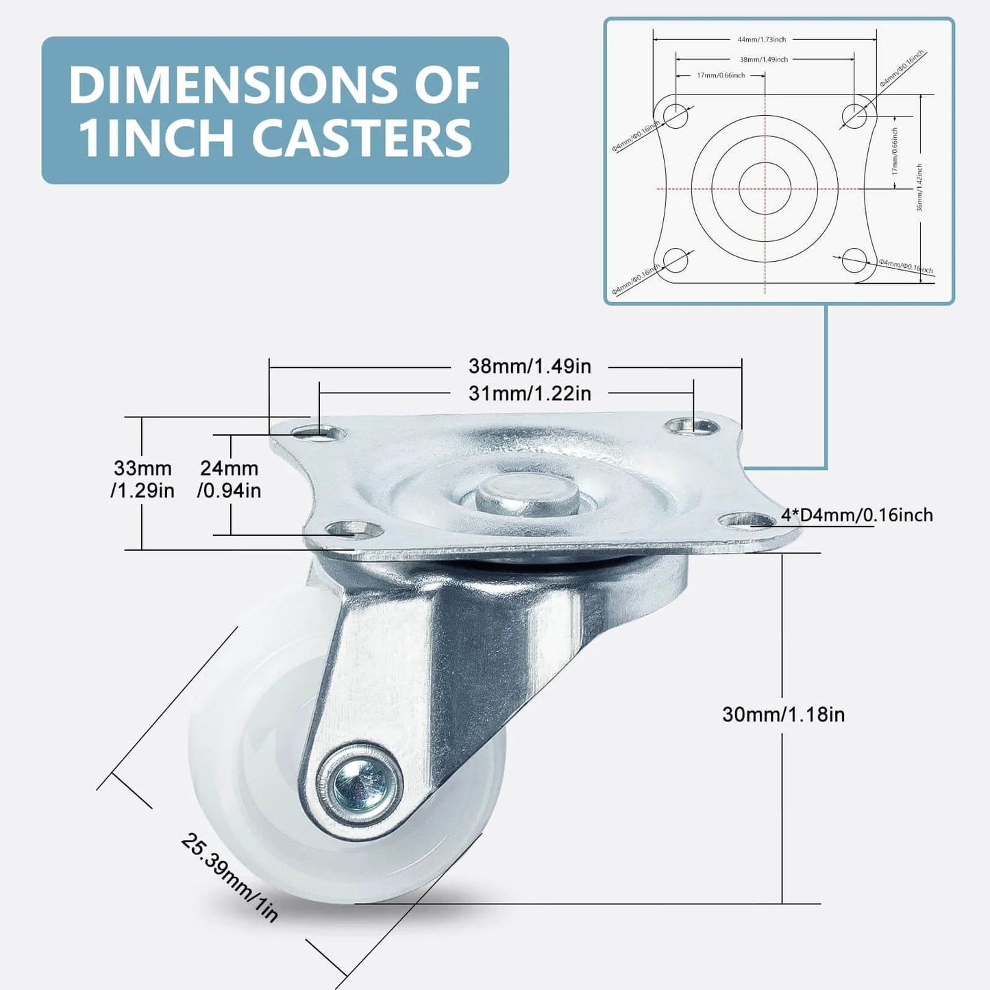 Dimensions of 1" Low Profile Caster Wheels Set of 4 - Quiet Polyurethane Casters for Furniture with 360° Swivel Plate Design.