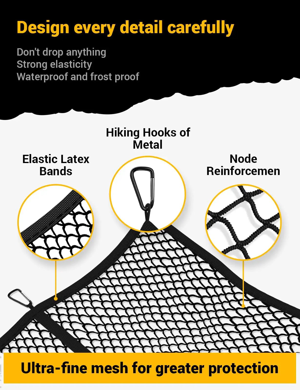 Close-up view of Stretchable Cargo Net for Pickup Truck Bed 4x4 to 7x7 With 1x1 Fine Mesh And 8 Carabiners Heavy Duty Elastic Design, highlighting hooks and mesh details.