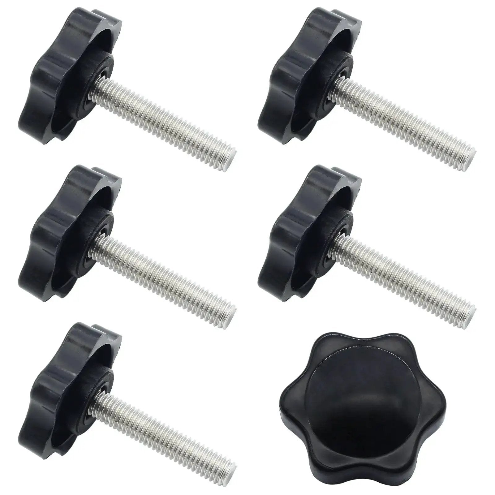 Six Pack M6 30mm Thread Star Knobs Hex Clamping Handles For Umbrella Base, black plastic head with steel stud, front view