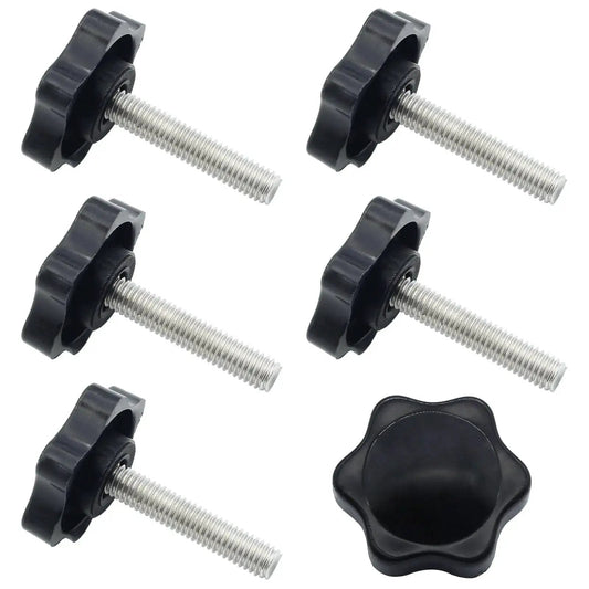Six Pack M6 30mm Thread Star Knobs Hex Clamping Handles For Umbrella Base, black plastic head with steel stud, front view
