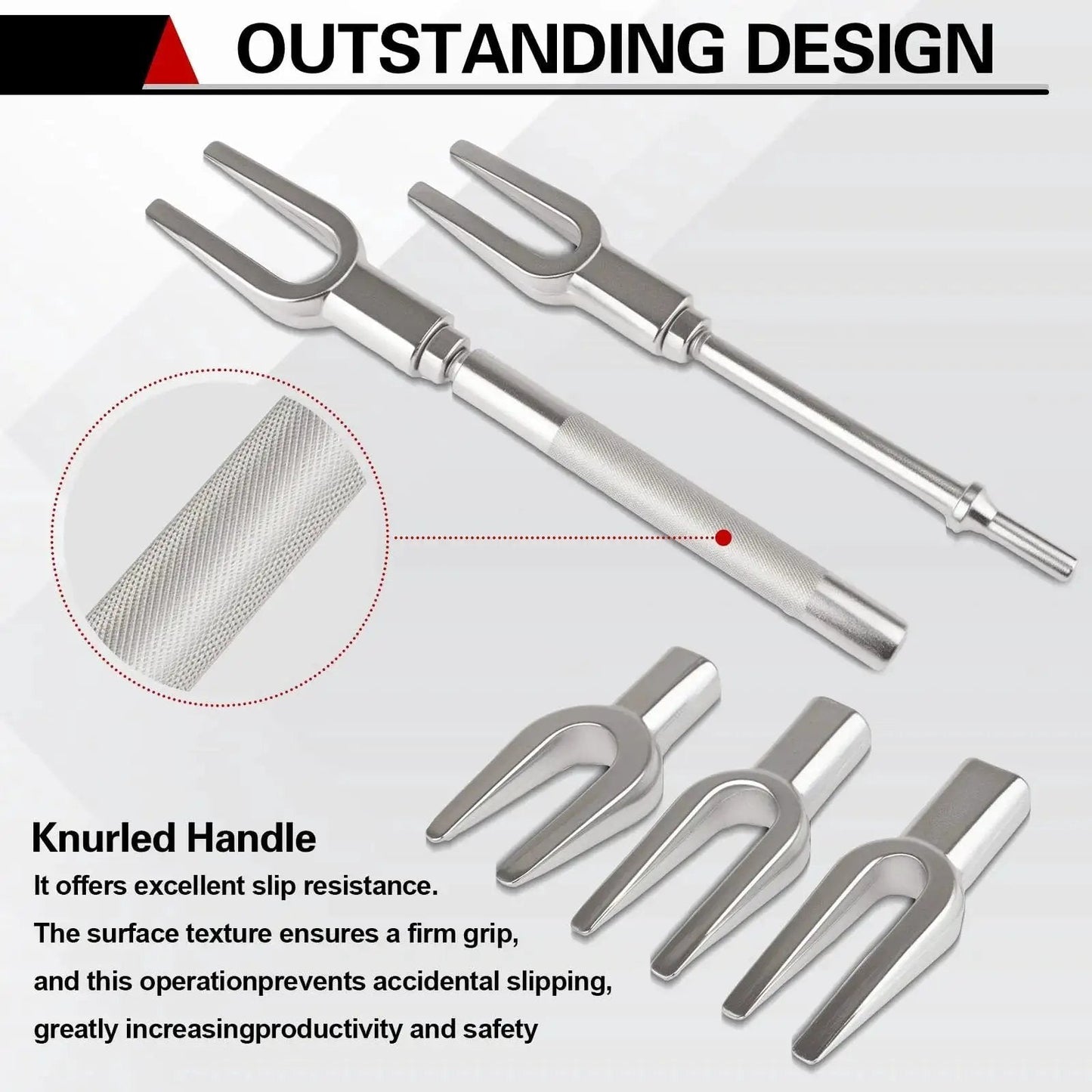 Heavy Duty Ball Joint Separator With Three Fork Sizes For Pitman Arm And Tie Rod Removal, chrome steel fork kit with knurled handle