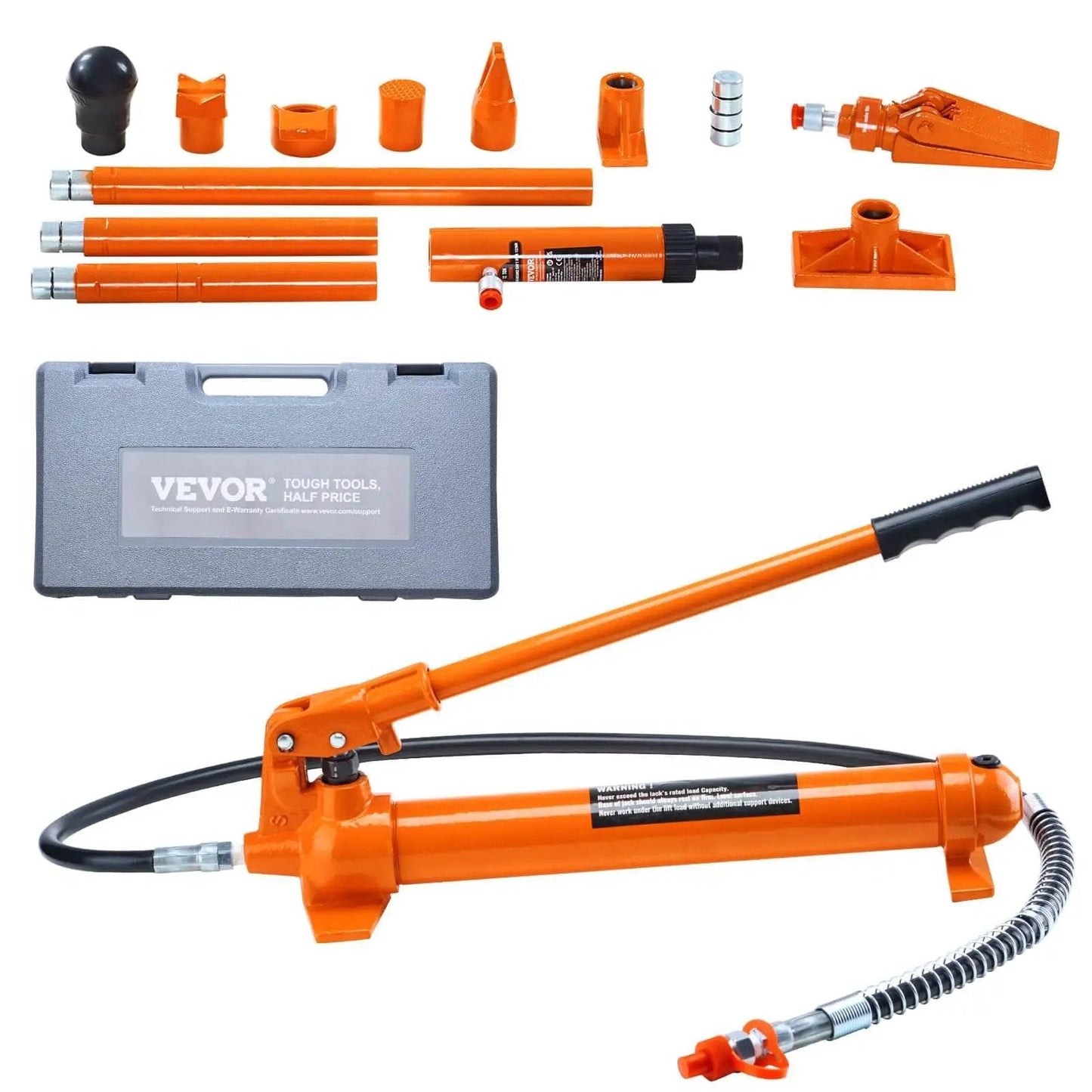 12 Ton Porta Power Kit With Long Handle And 4.6 Ft Hose, Portable Hydraulic Jack For Auto Body Frame Repair, displayed with components and storage case