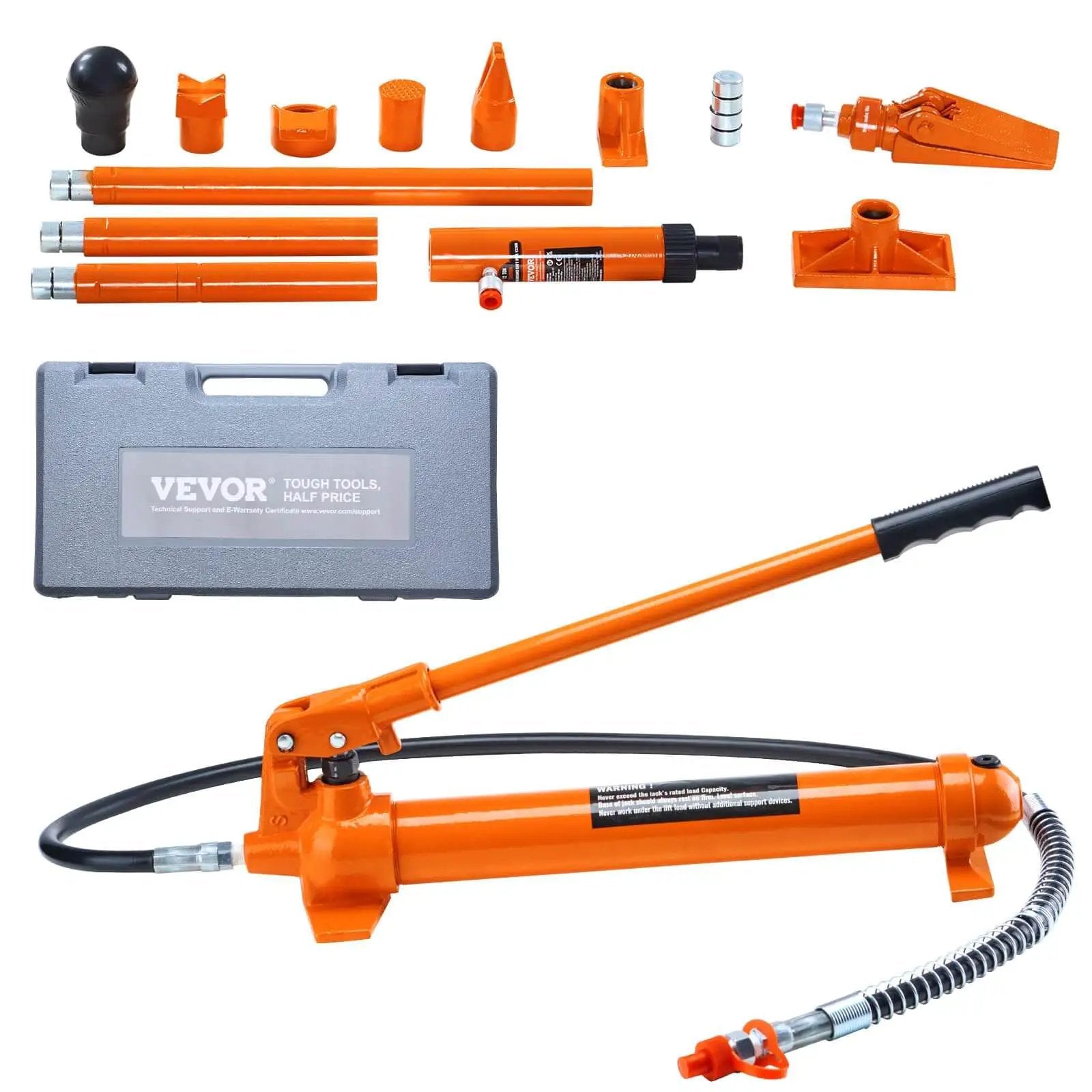 12 Ton Porta Power Kit With Long Handle And 4.6 Ft Hose, Portable Hydraulic Jack For Auto Body Frame Repair, displayed with components and storage case
