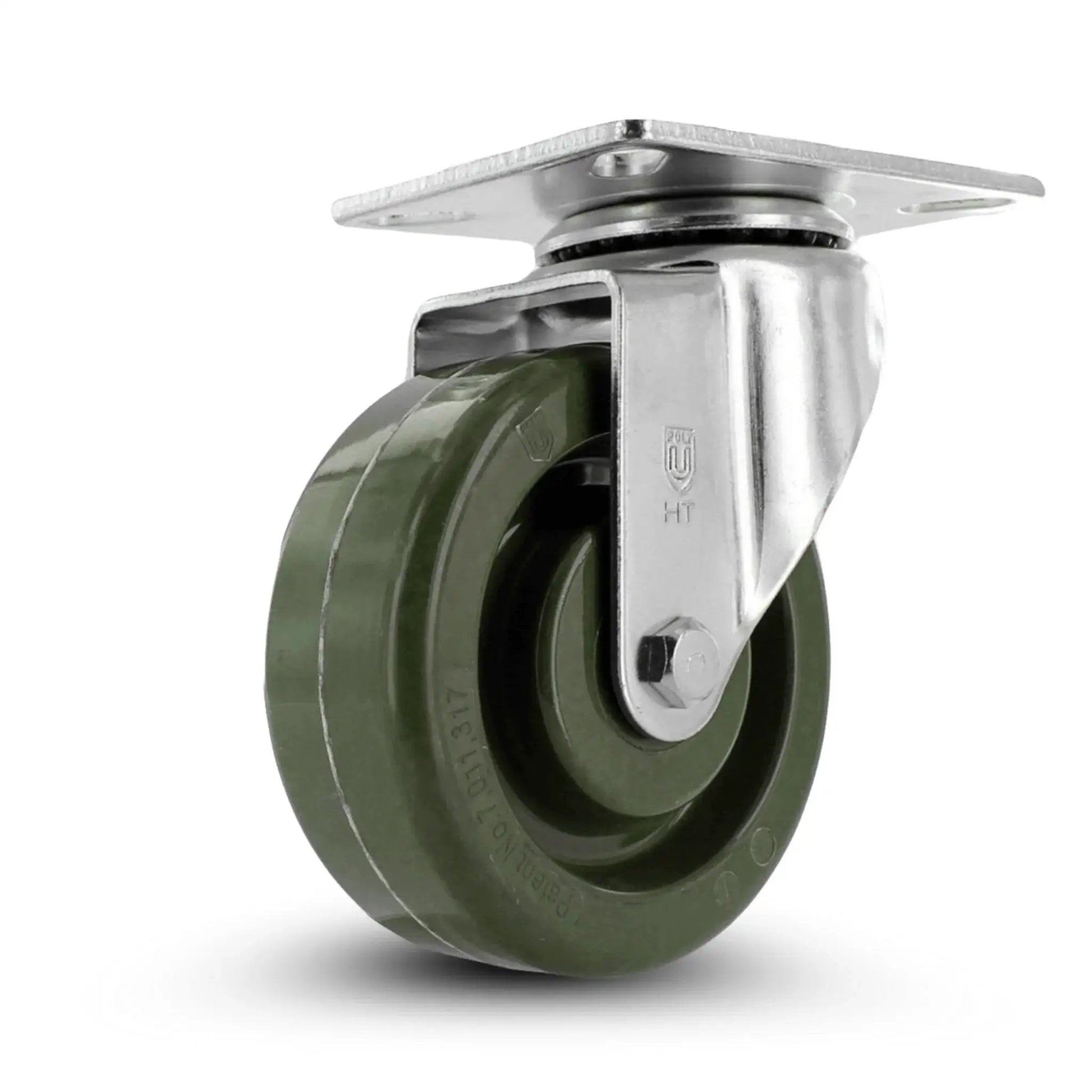 High Temperature Plate Mount Caster With Four Inch Epoxy Resin Wheel And Zinc Plated Steel Yoke Five Sixteenth Inch Precision Bearing