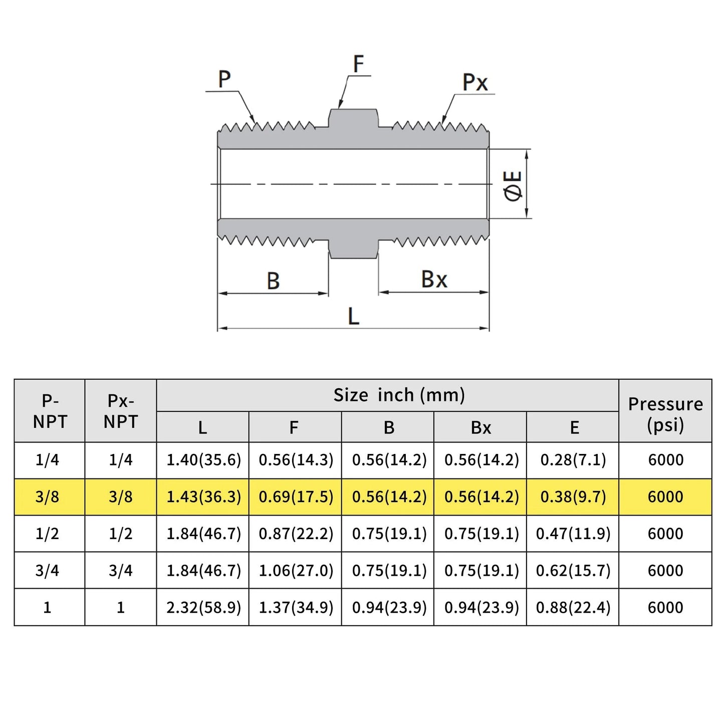 Diagram of Heavy Duty 304 Stainless Steel Hex Nipple for High Pressure Systems, 6000 PSI, Three Eighths Inch NPT Male Thread Pipe Adapter.