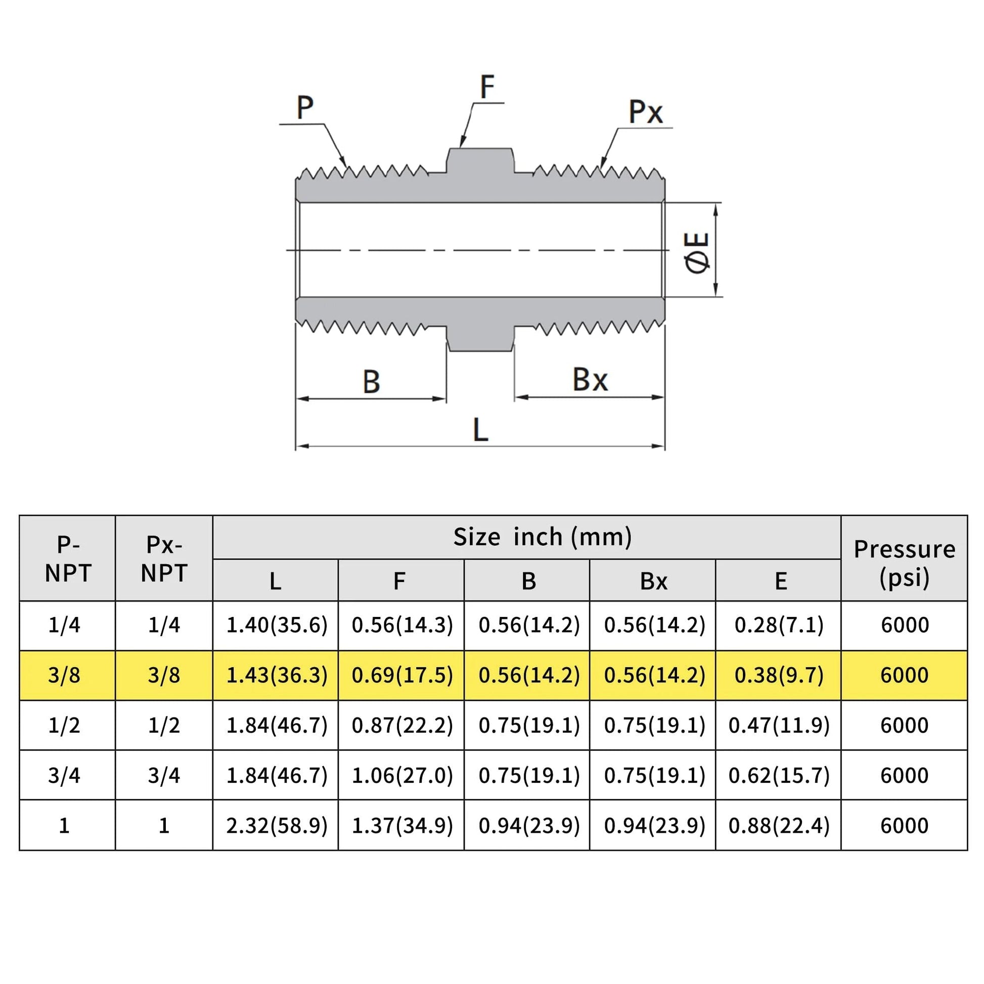 Diagram of Heavy Duty 304 Stainless Steel Hex Nipple for High Pressure Systems, 6000 PSI, Three Eighths Inch NPT Male Thread Pipe Adapter.