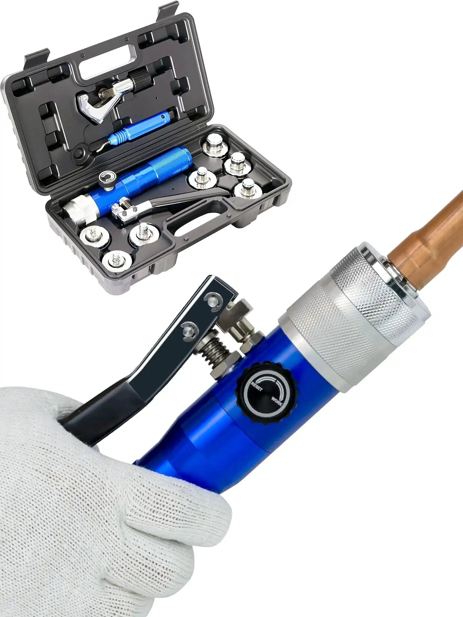 Hydraulic Tube Expander Kit For Copper Pipes 3/8 To 1-1/8 Inches With 7 Expander Heads Built In Tube Cutter And Deburring Tool Compact Swaging Tool Set For HVAC Ductwork And Plumbing CT-300 shown in use with case