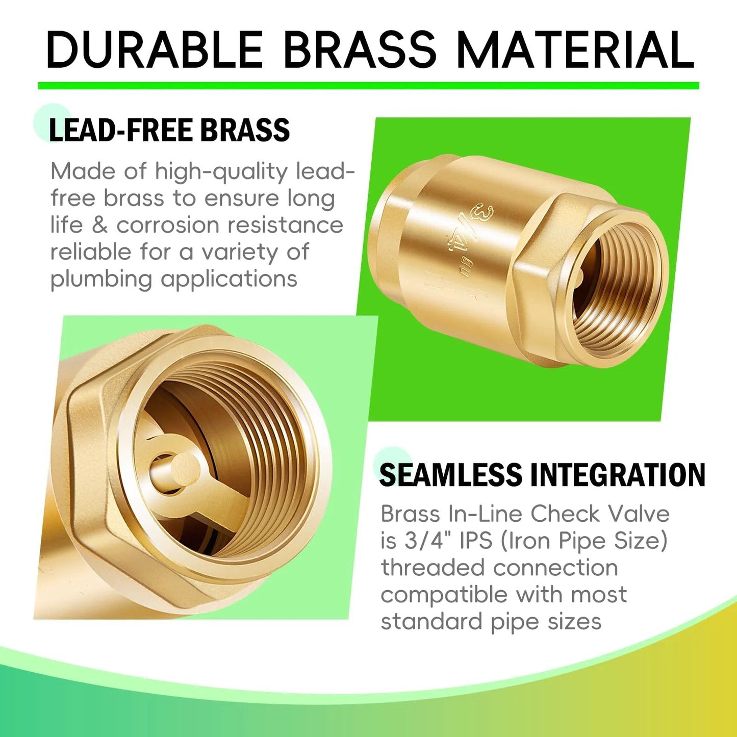 Two Pack Brass In Line One Way Check Valve Three Quarter Inch IPS For Water Hose Backflow Prevention Ideal For Plumbing Irrigation And HVAC Systems For Home And Commercial Use showing lead-free brass material and seamless integration.