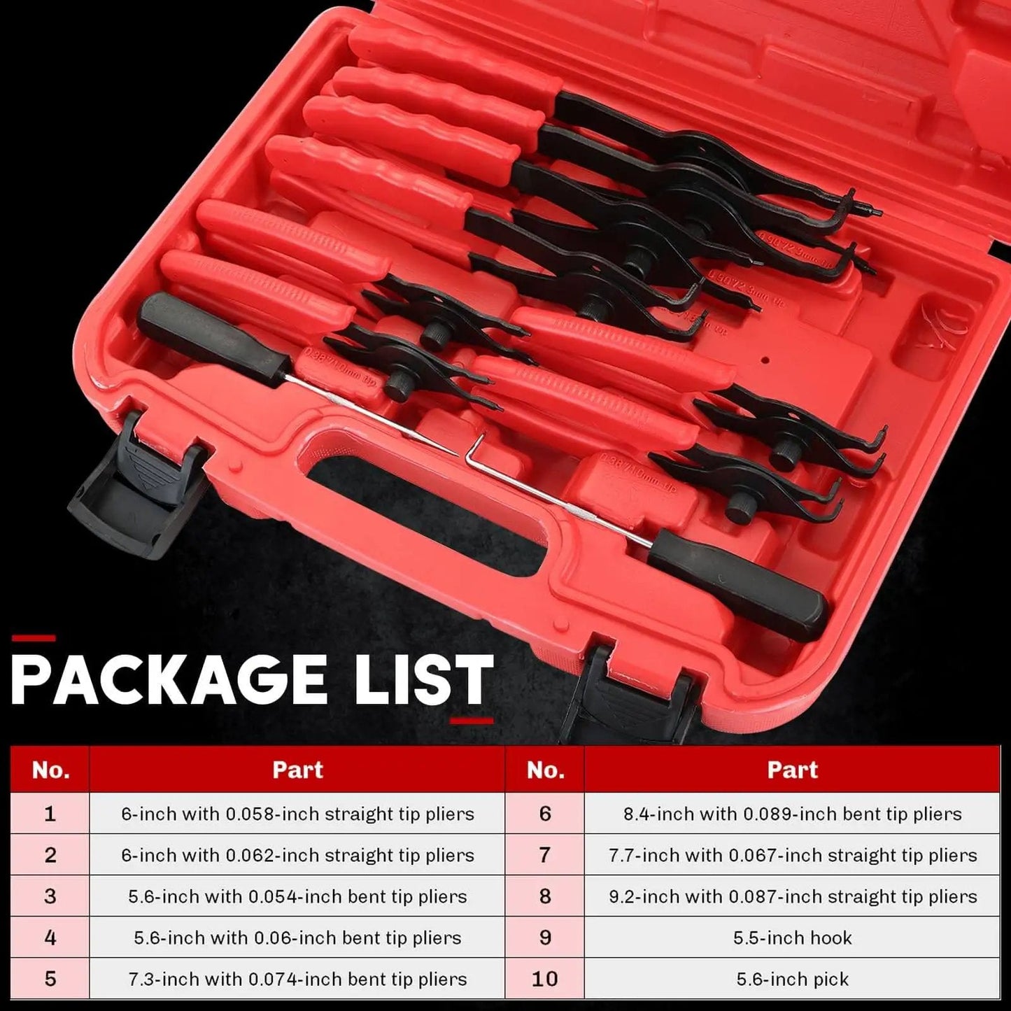 11 Piece Snap Ring Pliers Set Tough As Nails Heavy Duty Straight And Bent Retaining Ring Pliers With Hook And Pick Internal And External Circlip Removal Tools For Cars Trucks Motorcycles Lawn Mower And Farm Equipment Built With Heat Treated 45 Steel in a red storage case
