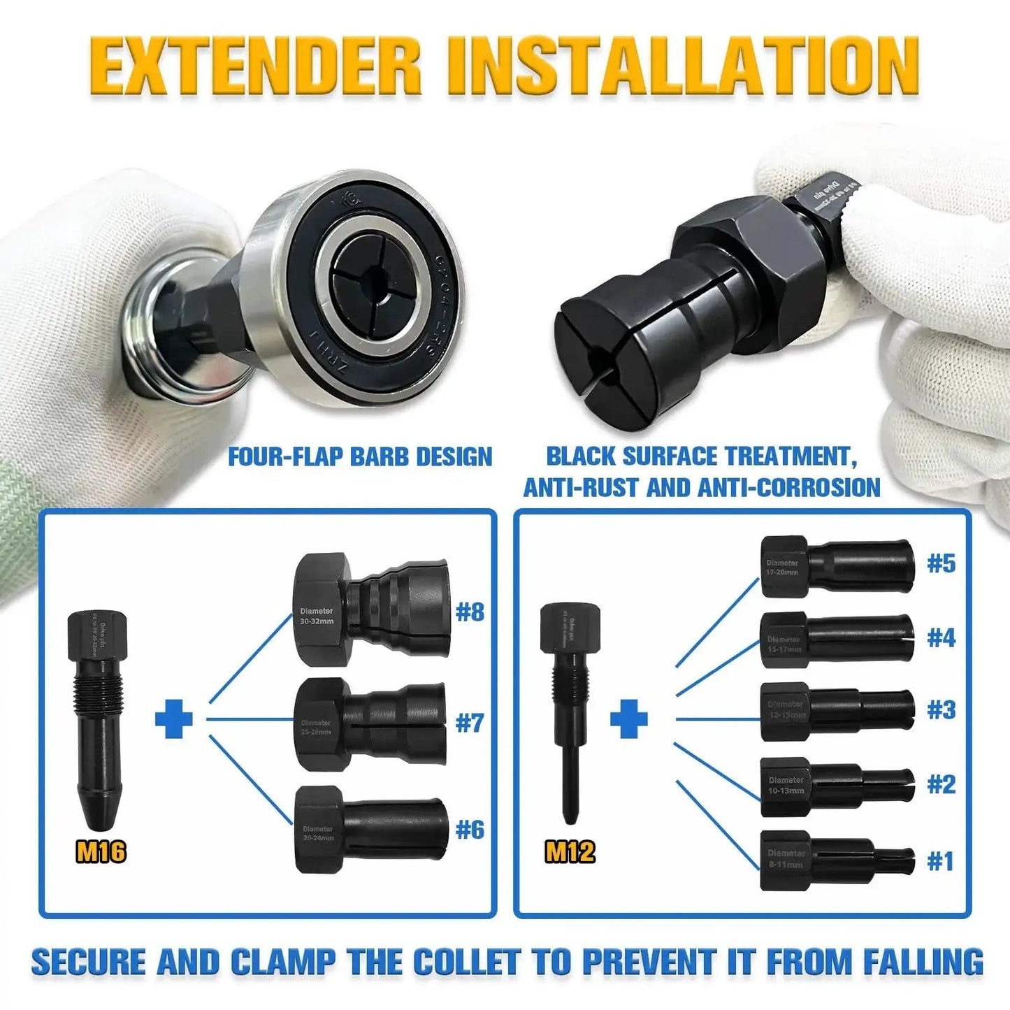 Close-up of extender installation in 12-Piece Blind Hole Bearing Puller Kit With Extendable Collets From 8mm To 32mm, Slide Hammer Puller.