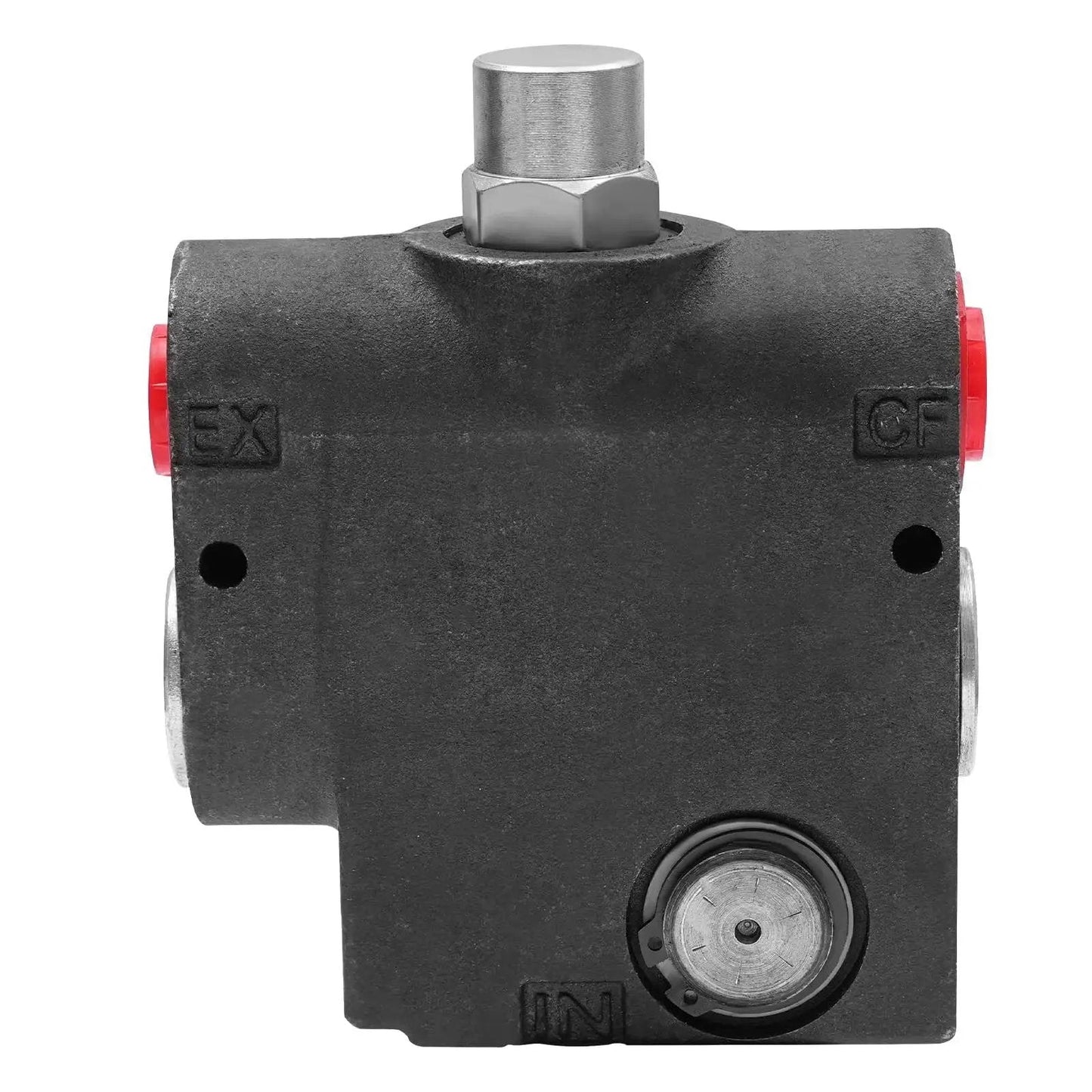 Front view of Hydraulic Adjustable Variable Flow Control Valve for Log Splitters with 3/4 NPT fittings, vermicular graphite cast iron