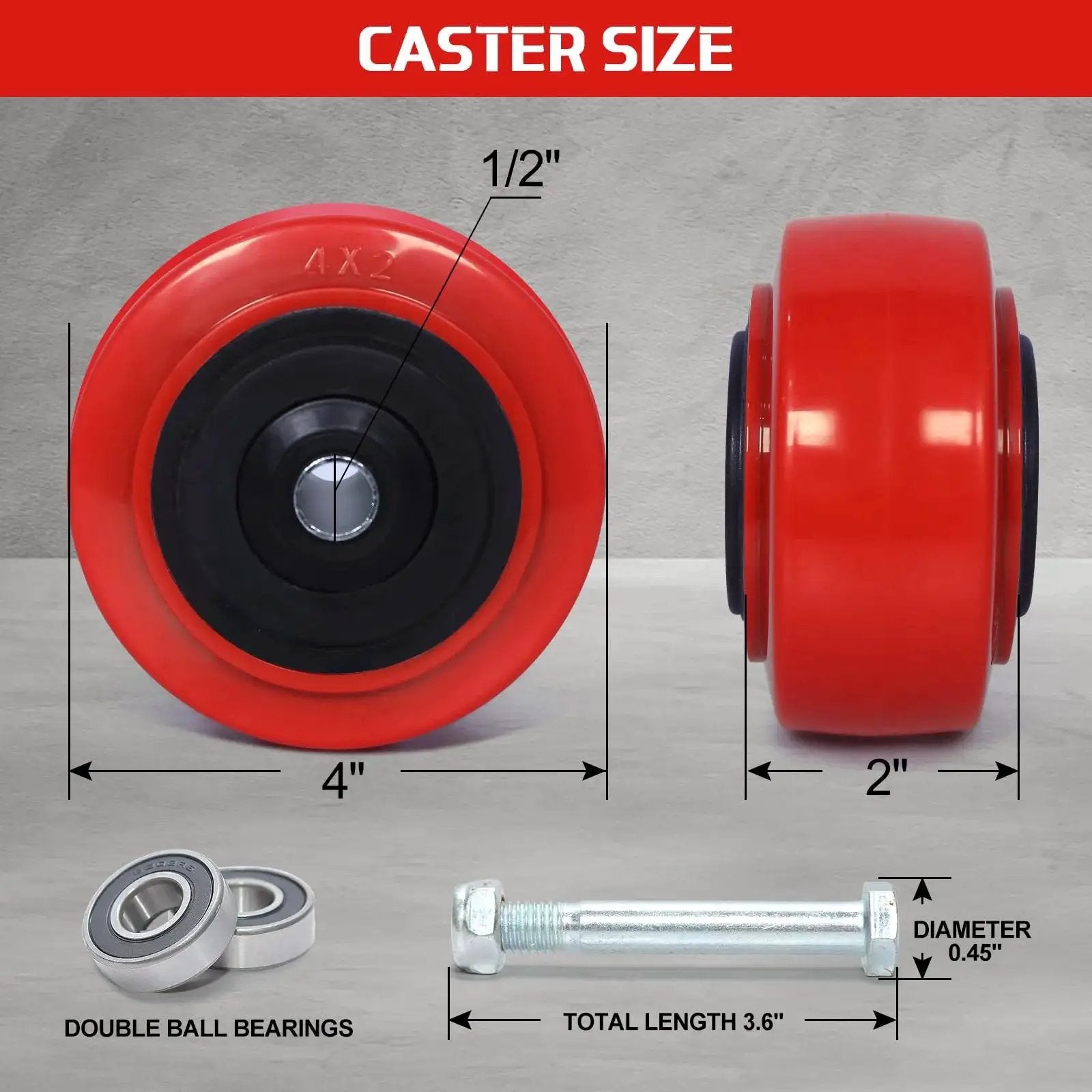 4 Inch Industrial Casters Set Of 4 With Polyurethane On Polyolefin Core Wheels And Double Roller Bearings for heavy duty handling display