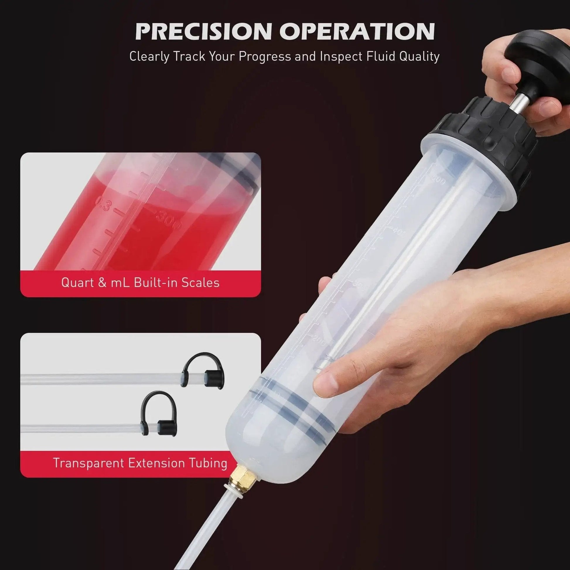 Hand holding 500cc Fluid Extractor And Oil Syringe With Leak Proof Dual Seal Pump, transparent tubing, visible measurement scales