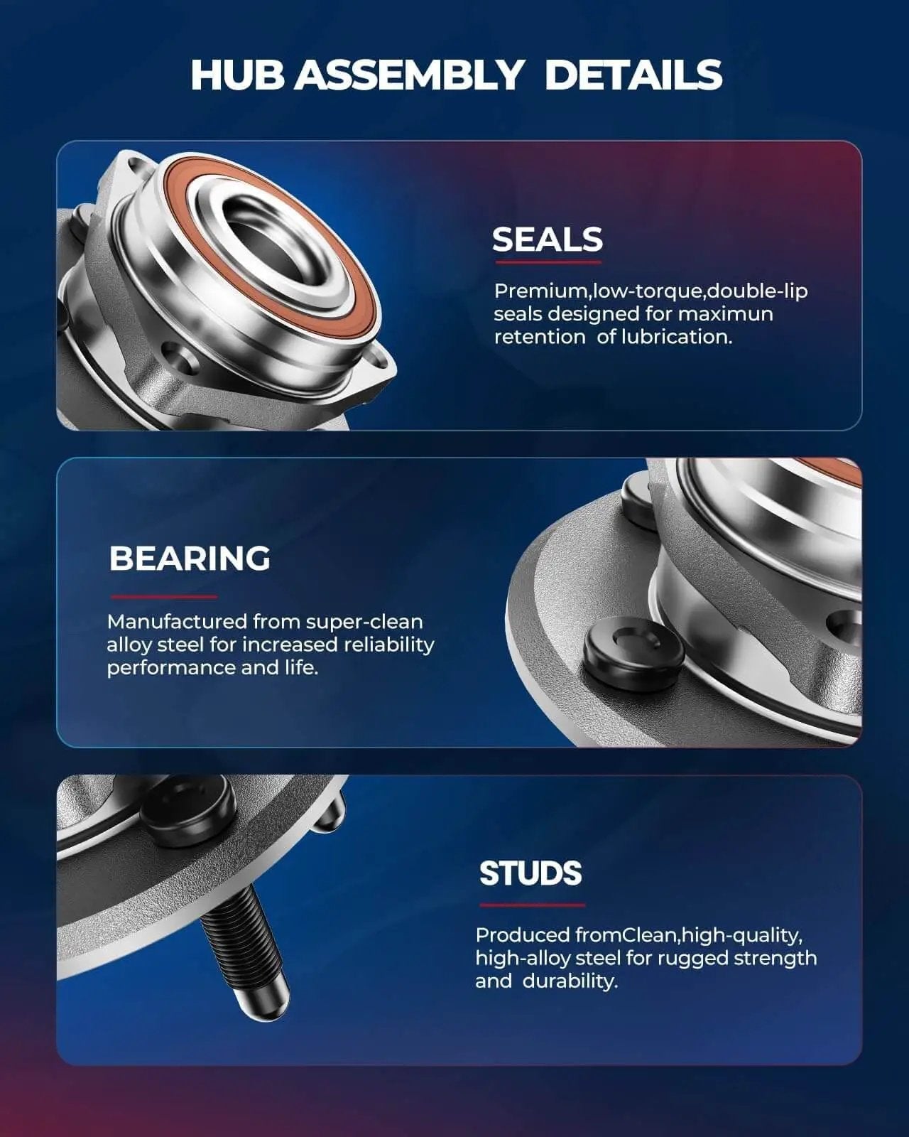 Hub assembly details with seals, super-clean alloy bearings, high-alloy studs for Pair Front Wheel Hub and Bearing Assembly for 1997-2006 Buick Pontiac Oldsmobile and Chevy Models (5-Lug w/ABS) Direct Fit Replacement 513121 513179 12429204 7470017