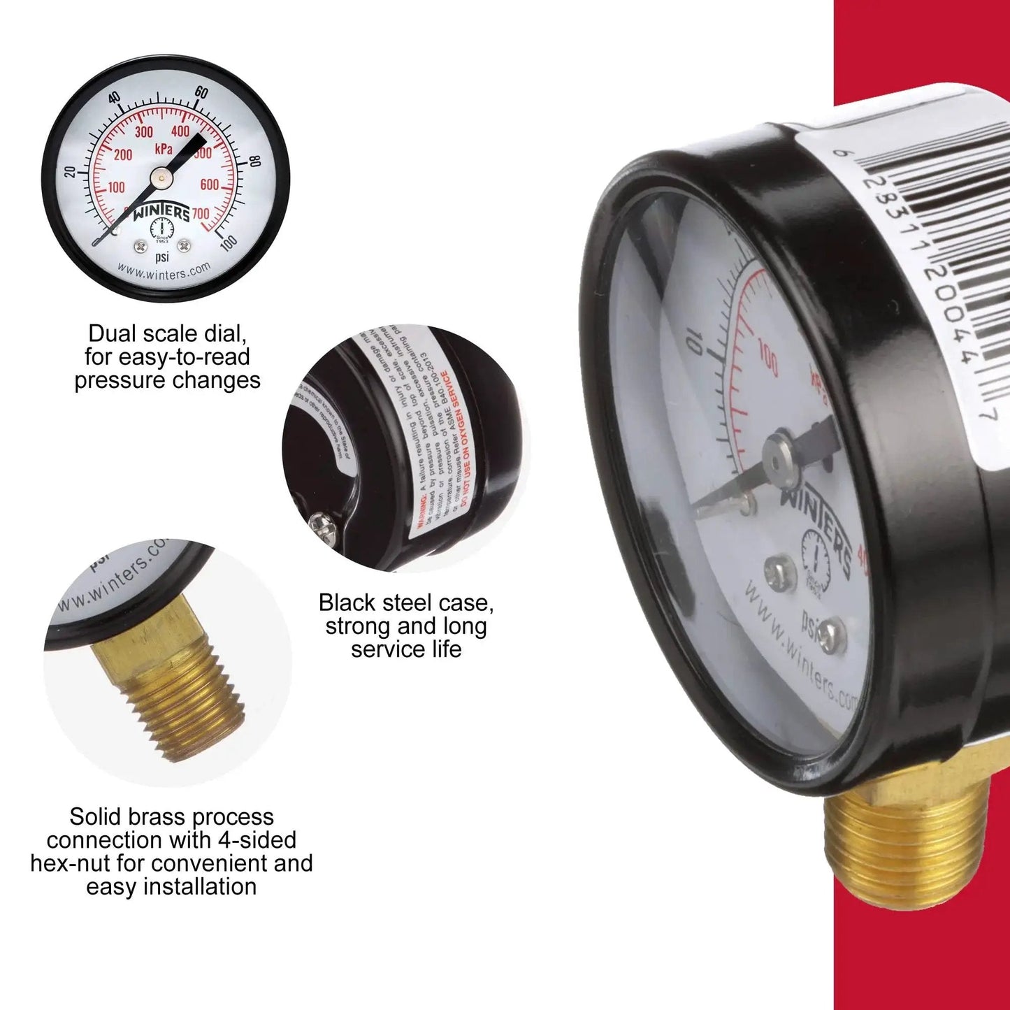 2 Inch Dial Dry Pressure Gauge with brass internals, black steel case, dual scale 0 to 100 Psi and KPa, bottom mount