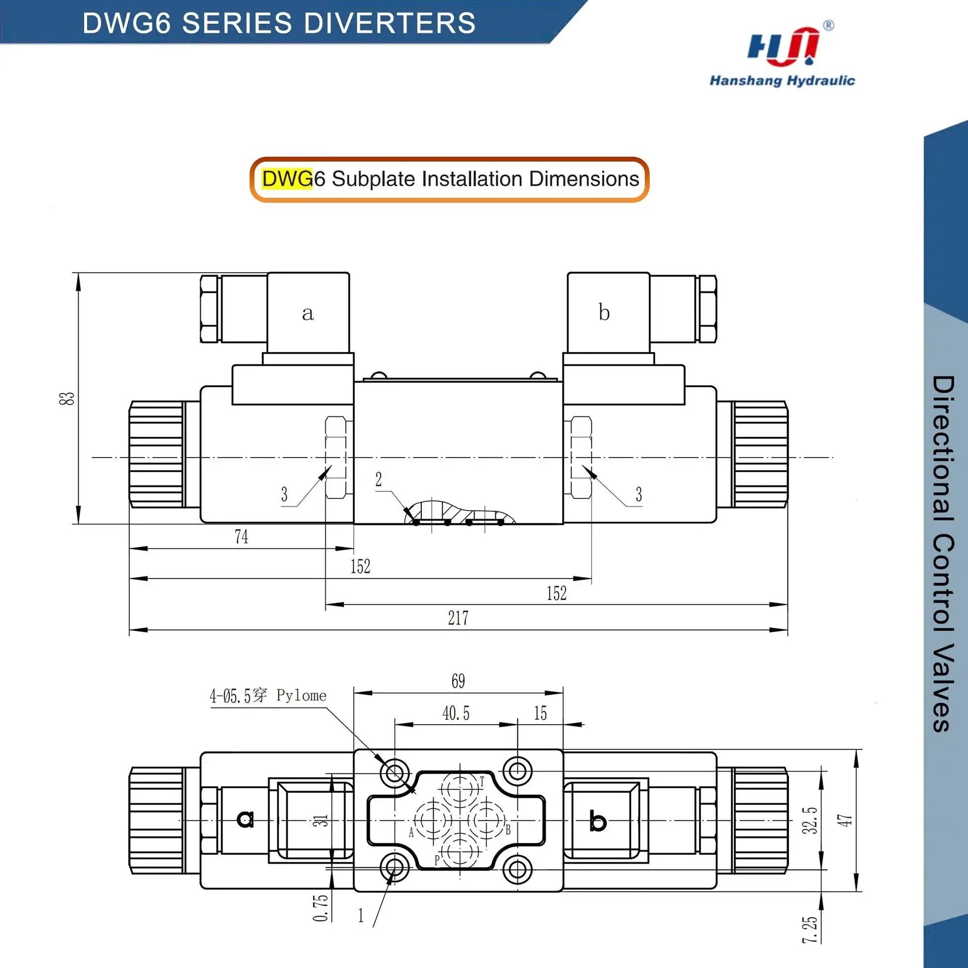 Diagram of Heavy Duty 12V DC Hydraulic Directional Control Valve Solenoid NG6 Size 6 with dimensions and subplate installation details.