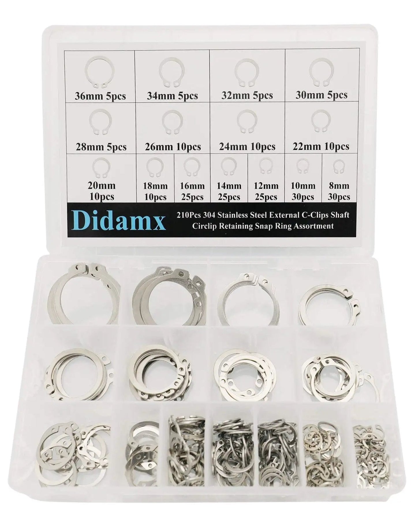 210 Pcs 304 Stainless Steel External C Clips Set for Shafts and Cylinders 8mm to 36mm Retaining Snap Ring Assortment Kit