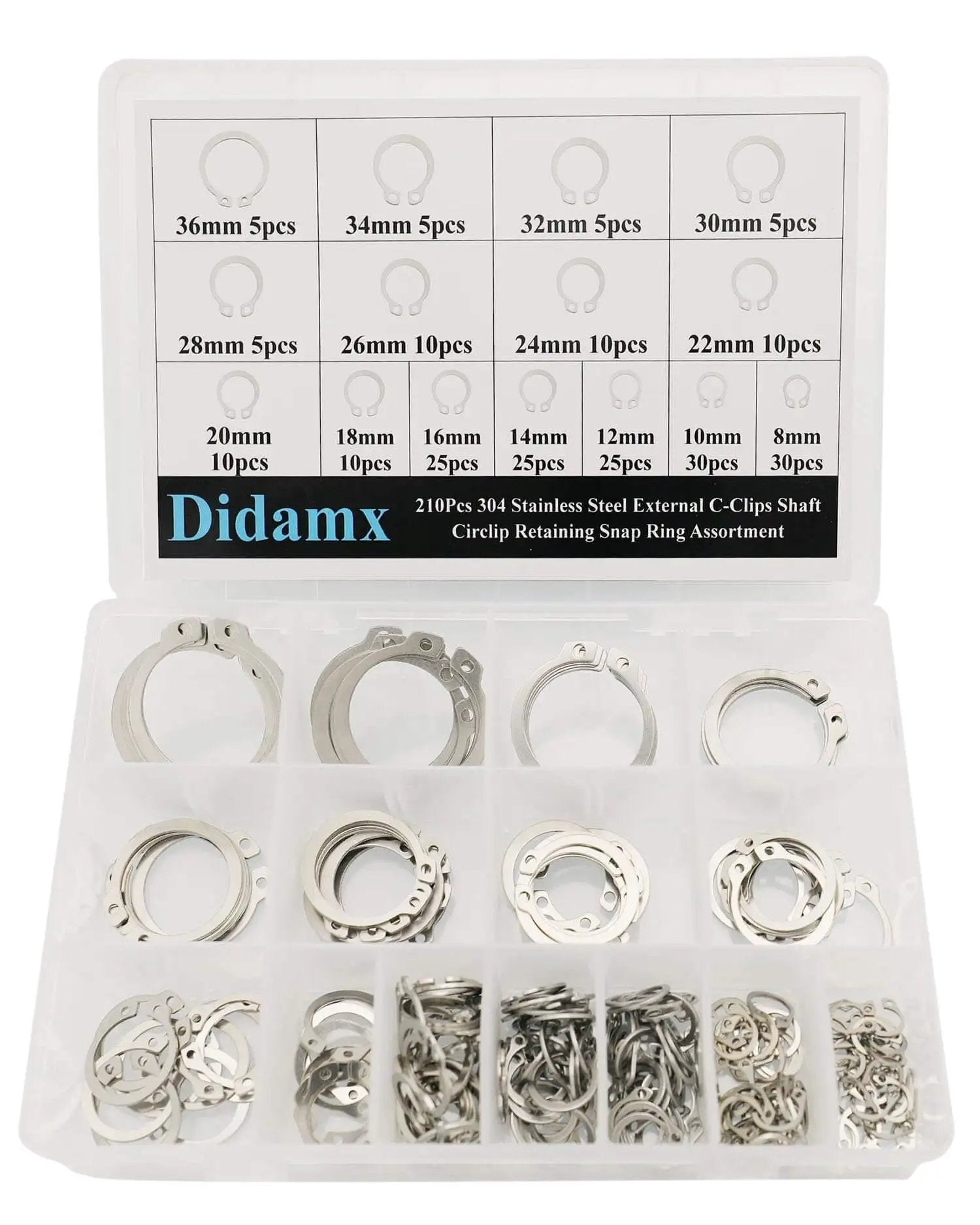 210 Pcs 304 Stainless Steel External C Clips Set for Shafts and Cylinders 8mm to 36mm Retaining Snap Ring Assortment Kit