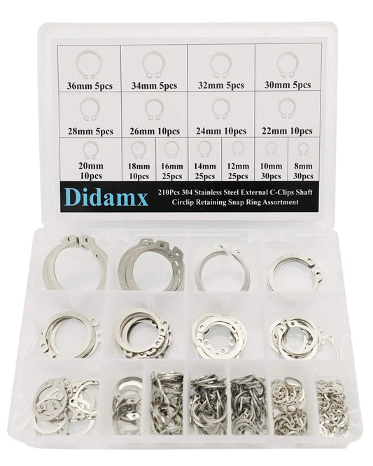 210 Pcs 304 Stainless Steel External C Clips Set for Shafts and Cylinders 8mm to 36mm Retaining Snap Ring Assortment Kit