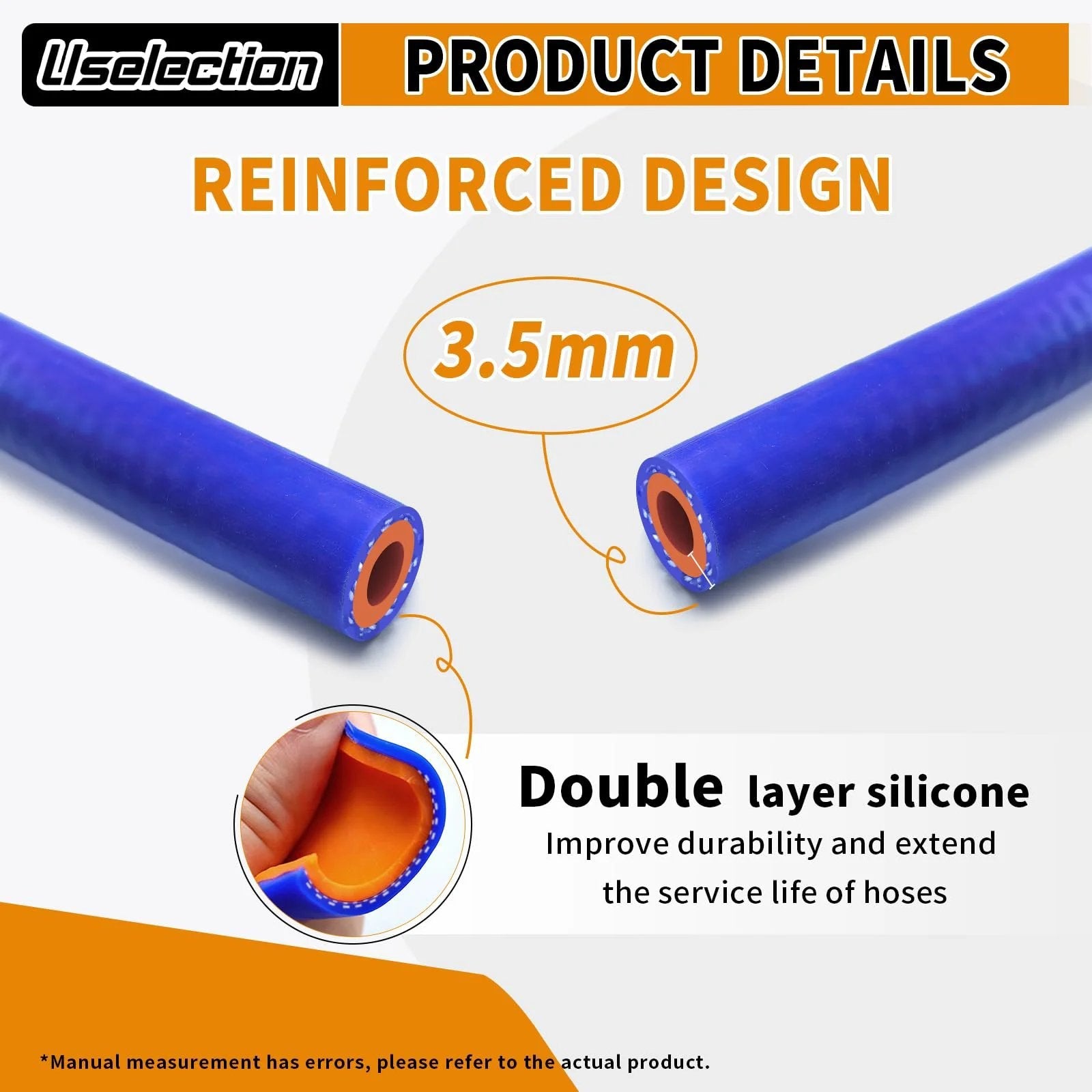 Beefed Up Half Inch ID Five Foot Silicone Heater Hose Blue and Red Reinforced High Temp Coolant Radiator Vacuum Line With 0.16 Inch Wall Polyester Fiber Reinforced 60 PSI Working Pressure 232 PSI Burst Flexible and Durable, showing reinforced design and wall thickness.