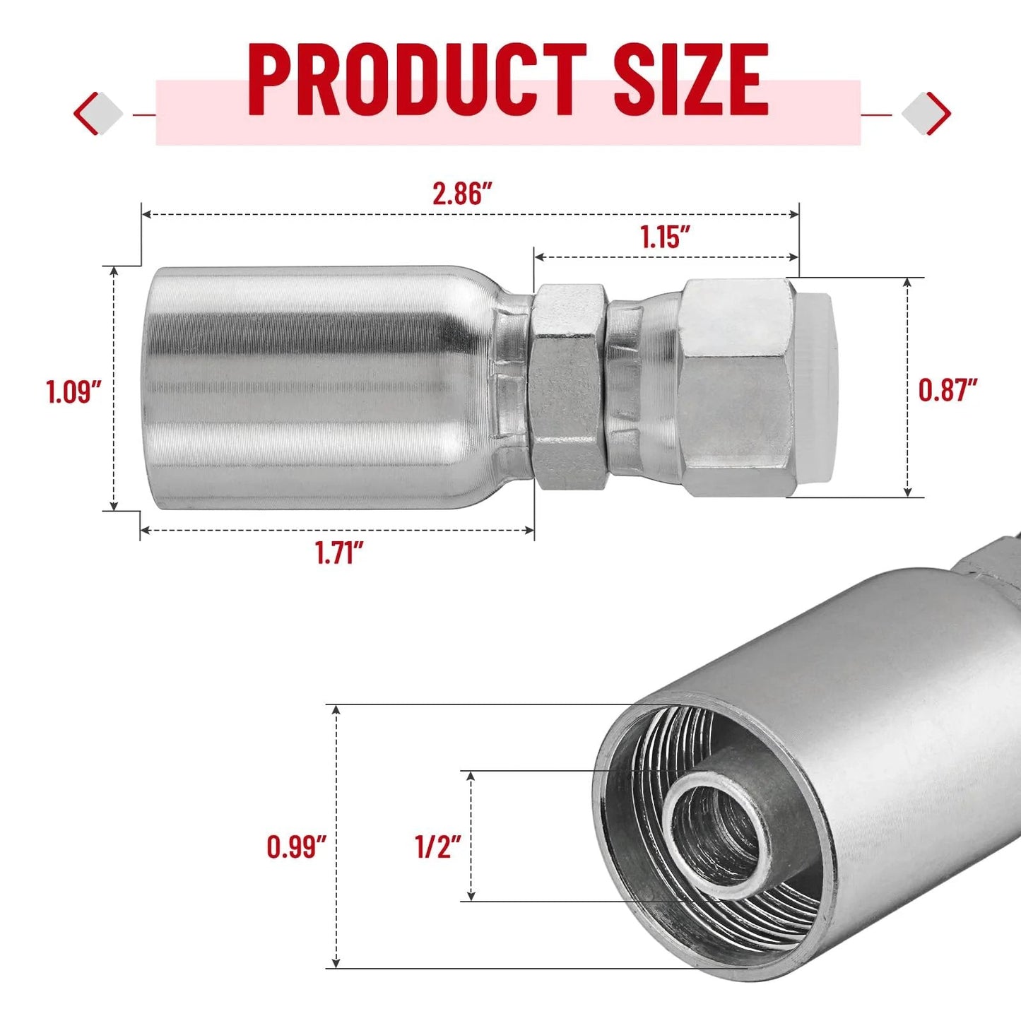 12 Pack Hydraulic Hose End Fittings For One Half Inch ID Hoses To One Half Inch JIC 37 Degree Female Swivel Crimp Fittings With Protective Cover Built For Fast Easy Install And Solid Value In Fluid Power Gear showing dimensions and details