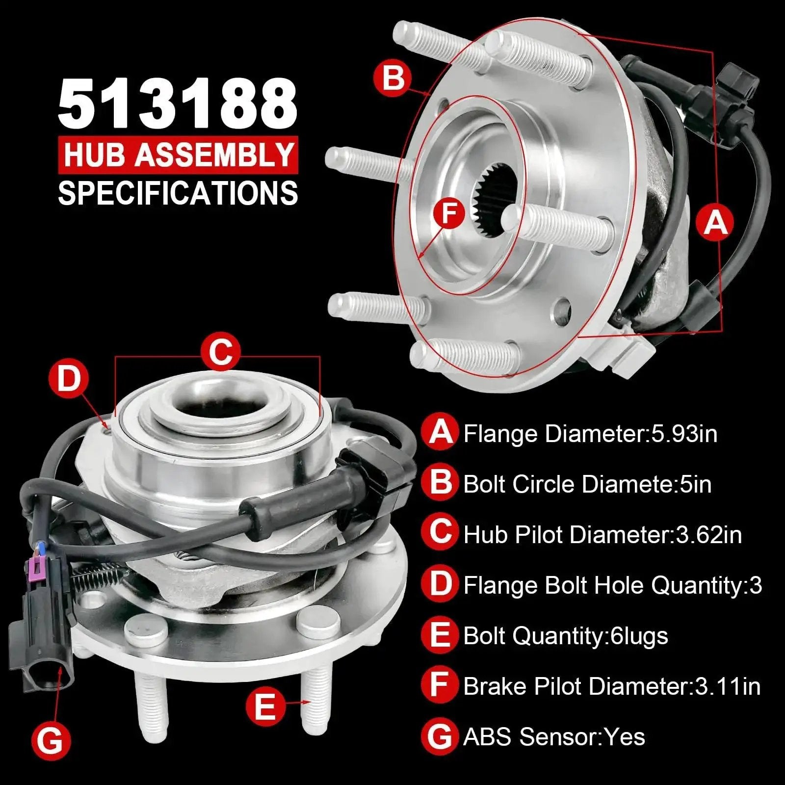 Pair 513188 Front Wheel Bearing Hub Assembly With ABS 6-Lug Drop-In Fit For Buick Rainier 04-07, Chevy Trailblazer Ext 03-06
