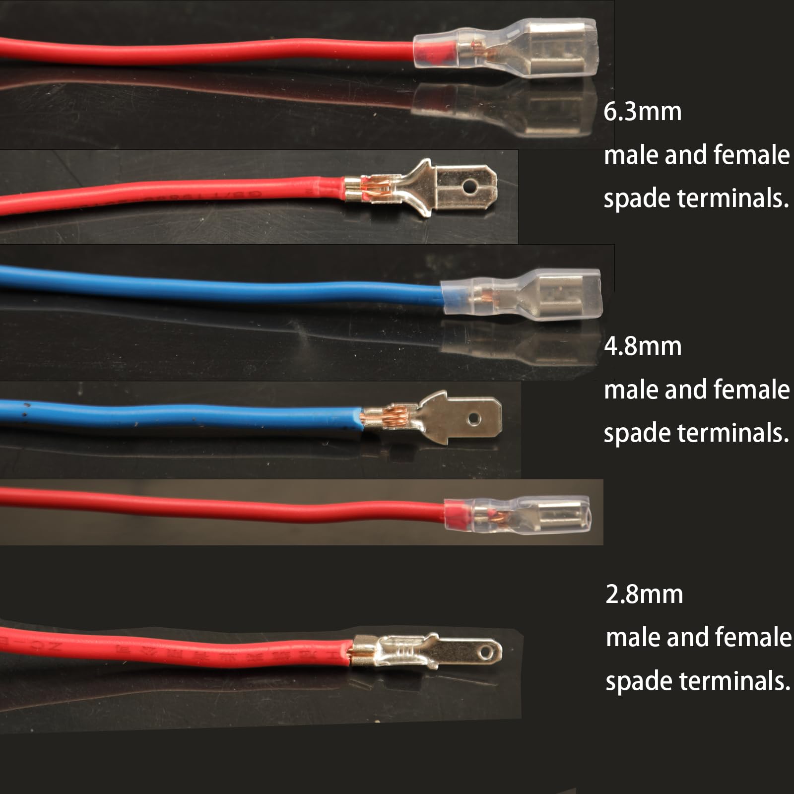 Ultimate 540 Piece Spade Connectors Kit with Insulating Sleeves and Crimp Terminals showing 6.3mm, 4.8mm, 2.8mm connectors.