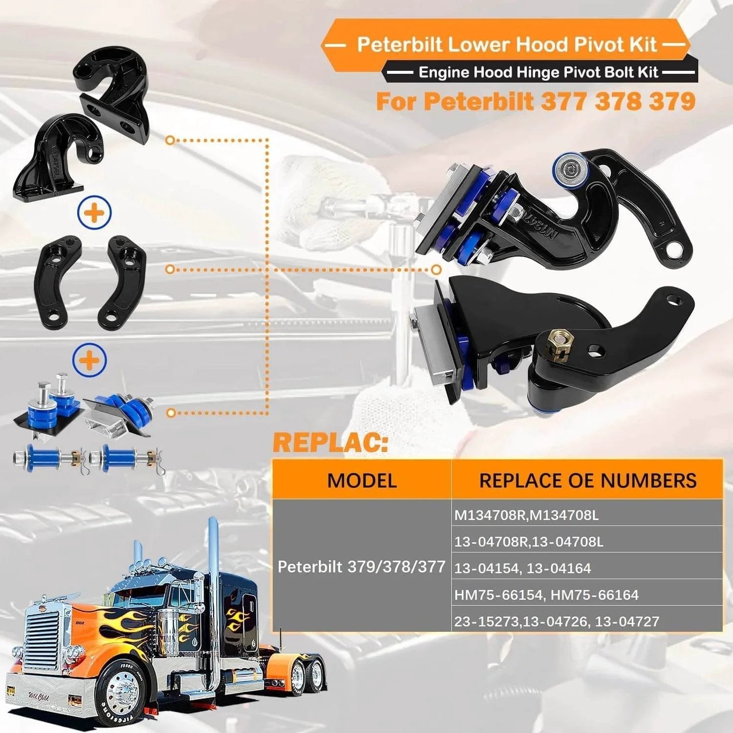 Lower Hood Pivot Kit With Hinge Bolts And Bushing Bracket For 377 378 379 Trucks Replacement Includes 13-04708R 13-04708L