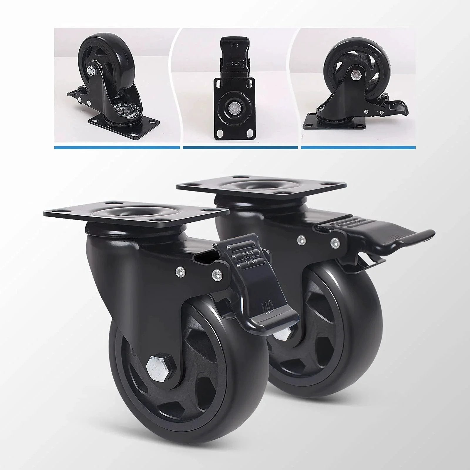 5 Inch Swivel Caster Wheels Set Of 4 Heavy Duty With Brakes Dual Lock 2200 Lbs Capacity Top Plate Industrial Casters