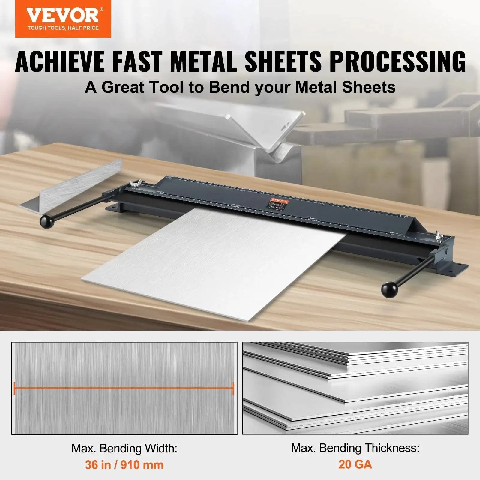 Box And Pan Brake 36 Inch Portable Sheet Metal Bender For 0 To 130 Degree Bends, Supports 20 Gauge Low Carbon Steel And 14 Gauge Aluminum
