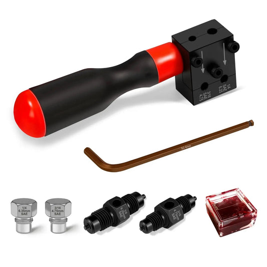 Brake Line Flaring Kit 7 Pcs For 1/4 And 3/16 Inch Copper Aluminum SAE including flaring tool, adapters, and lubricant