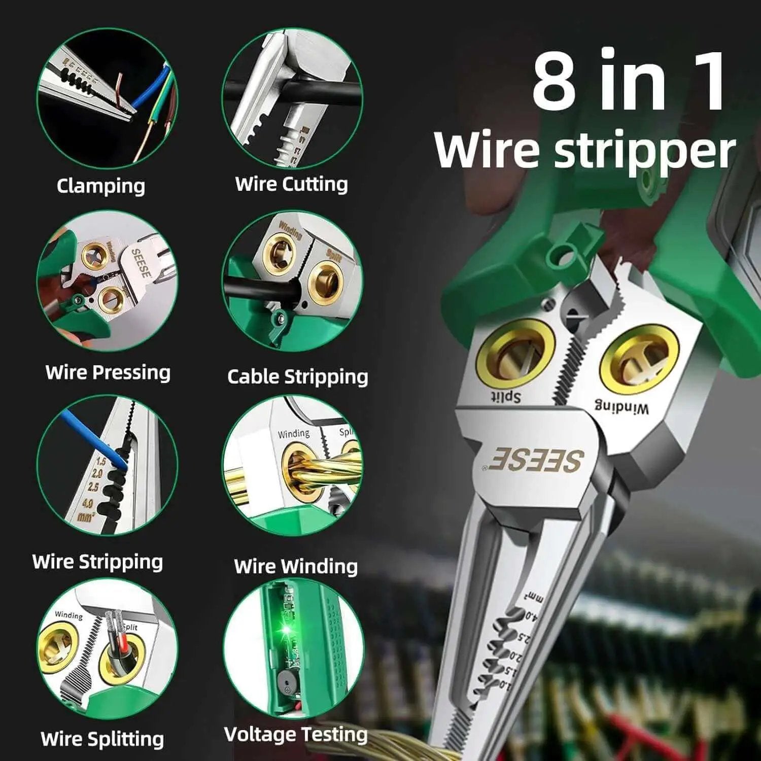 Diagram showing 8 In 1 Wire Stripper Pliers Multi Function Electrician Tool with features like clamping, cutting, crimping, and testing