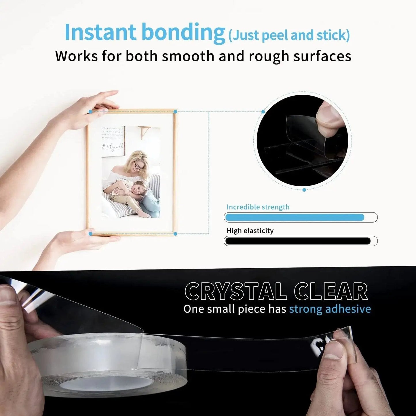 Double-Sided Mounting Tape 10 Ft Removable Adhesive Foam Tape Transparent For Household Use being used to mount a picture frame.