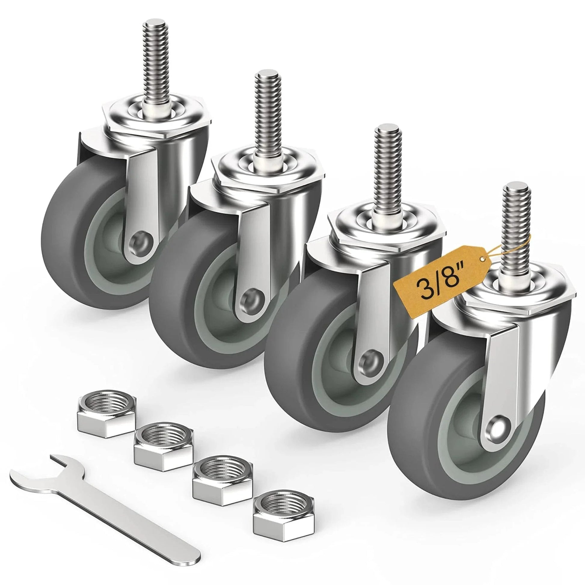 3 Inch Swivel Caster Wheels With No Brake, 3/8 Inch 16 UNC X 1 1/2 Inch Stem, Heavy Duty Steel Housing, 600 Pound Load Capacity, Set Of 4, Grey Casters, wrench, nuts