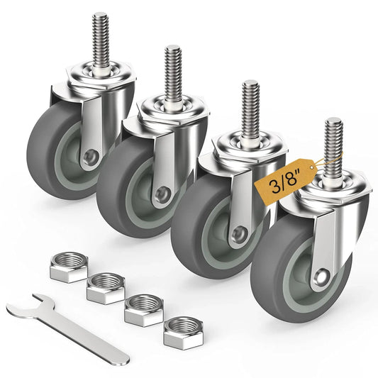 3 Inch Swivel Caster Wheels With No Brake, 3/8 Inch 16 UNC X 1 1/2 Inch Stem, Heavy Duty Steel Housing, 600 Pound Load Capacity, Set Of 4, Grey Casters, wrench, nuts
