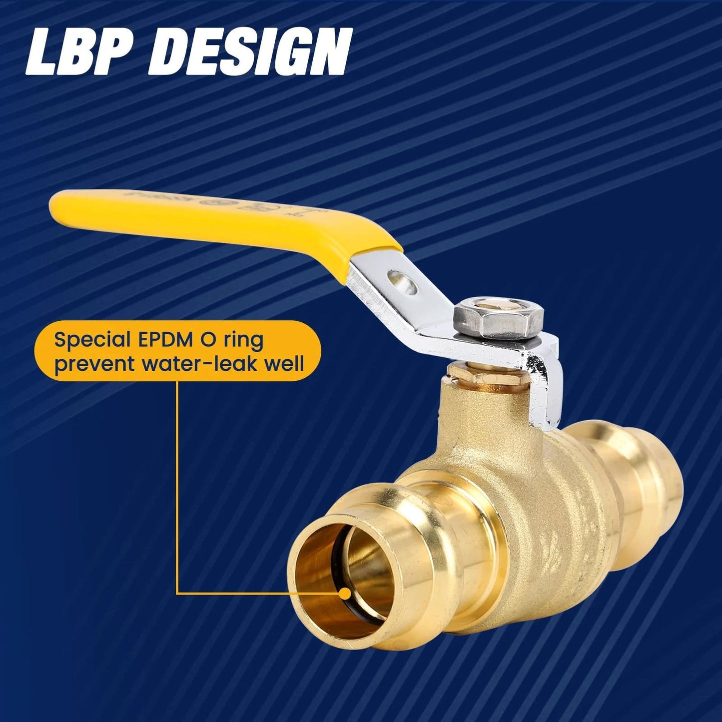 Three Quarter Inch ProPress Ball Valve Kit With EPDM O Ring for Copper Tubing, showing yellow-handled brass valve.