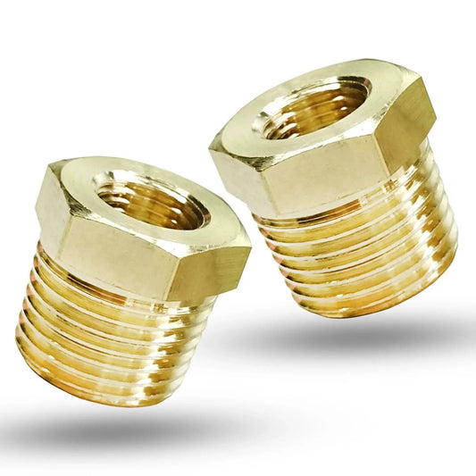 Two Pack Beefy Brass Three Eighths Inch Male To One Quarter Inch Female NPT Reducer Bushing Fitting, Three Eighths MNPT To One Quarter FNPT