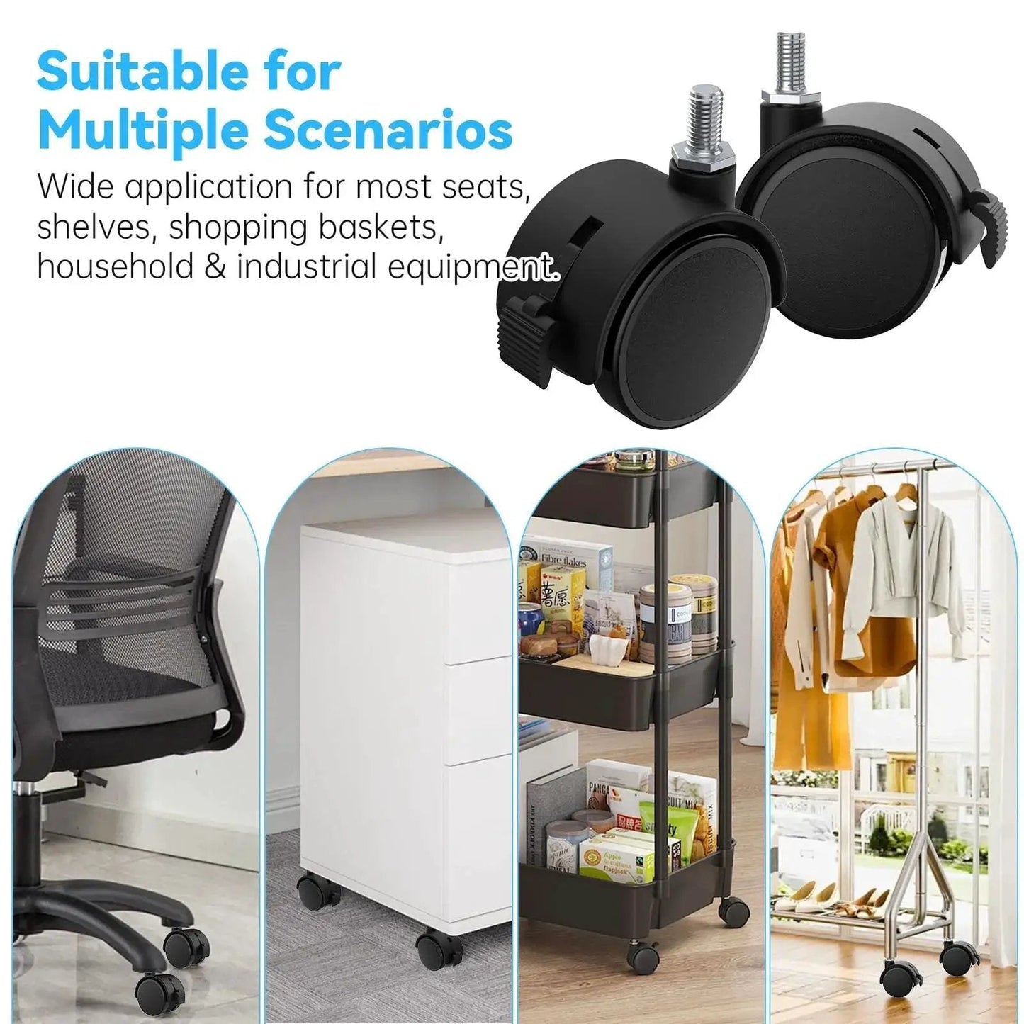 Four Pack Two Inch TV Stand Wheels With M8 Threaded Stem Swivel Casters With Locking Brakes, shown with various uses.