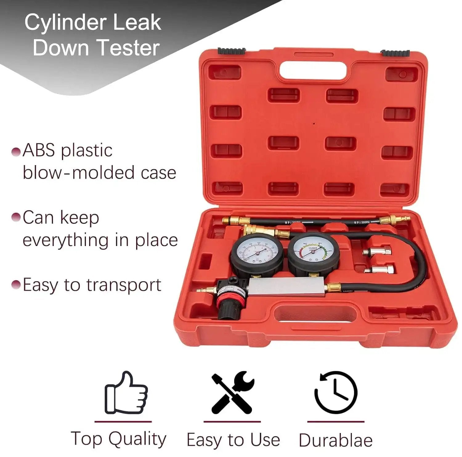 Dual Gauge Cylinder Leak Down Tester Kit Tu 21 with ABS blow mold case, anti-scratch gauge cover for engine diagnostics in a red casing.