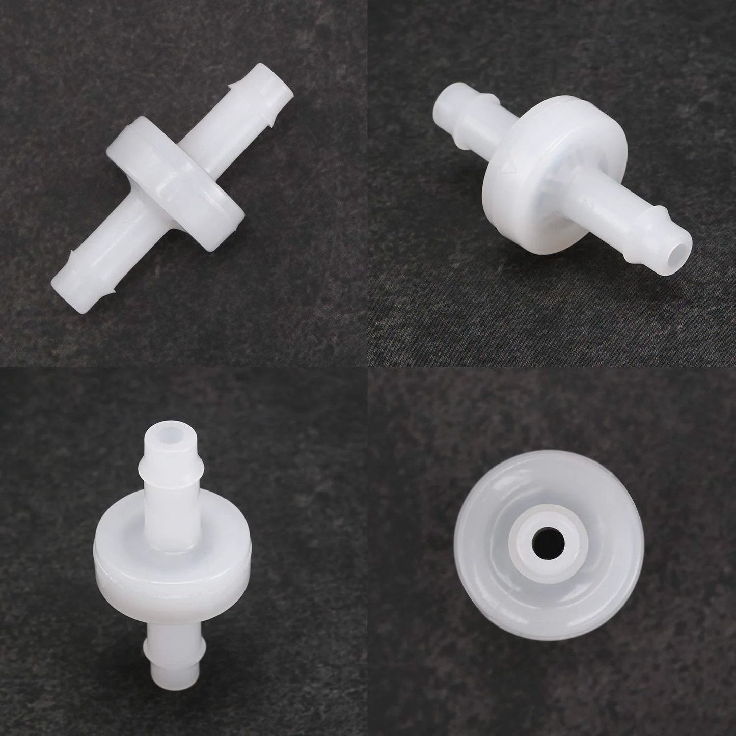 Four Pack Quarter Inch PVDF Check Valve One Way Flow Blocker For Fuel Gas Water Air Lines Wear Resistant Plastic Valves Built To Prevent Backflow In Fluid And Pneumatic Systems, multiple views, white plastic materials