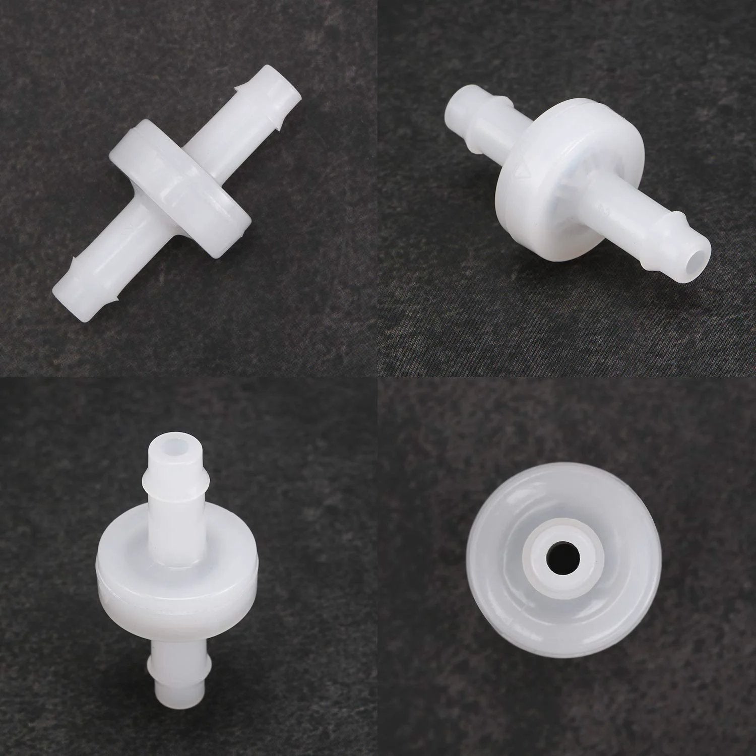 Four Pack Quarter Inch PVDF Check Valve One Way Flow Blocker For Fuel Gas Water Air Lines Wear Resistant Plastic Valves Built To Prevent Backflow In Fluid And Pneumatic Systems, multiple views, white plastic materials