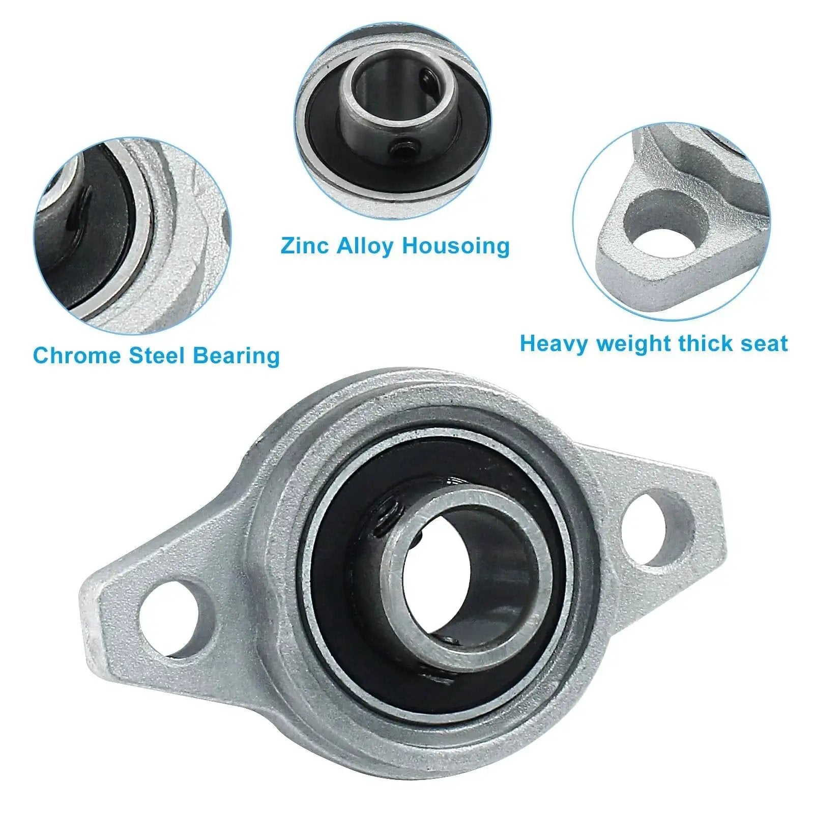 4 Pack KFL001 Flanged Pillow Block Bearings With 12 Mm Bore, showing zinc alloy housing, chrome steel bearing, and thick seat