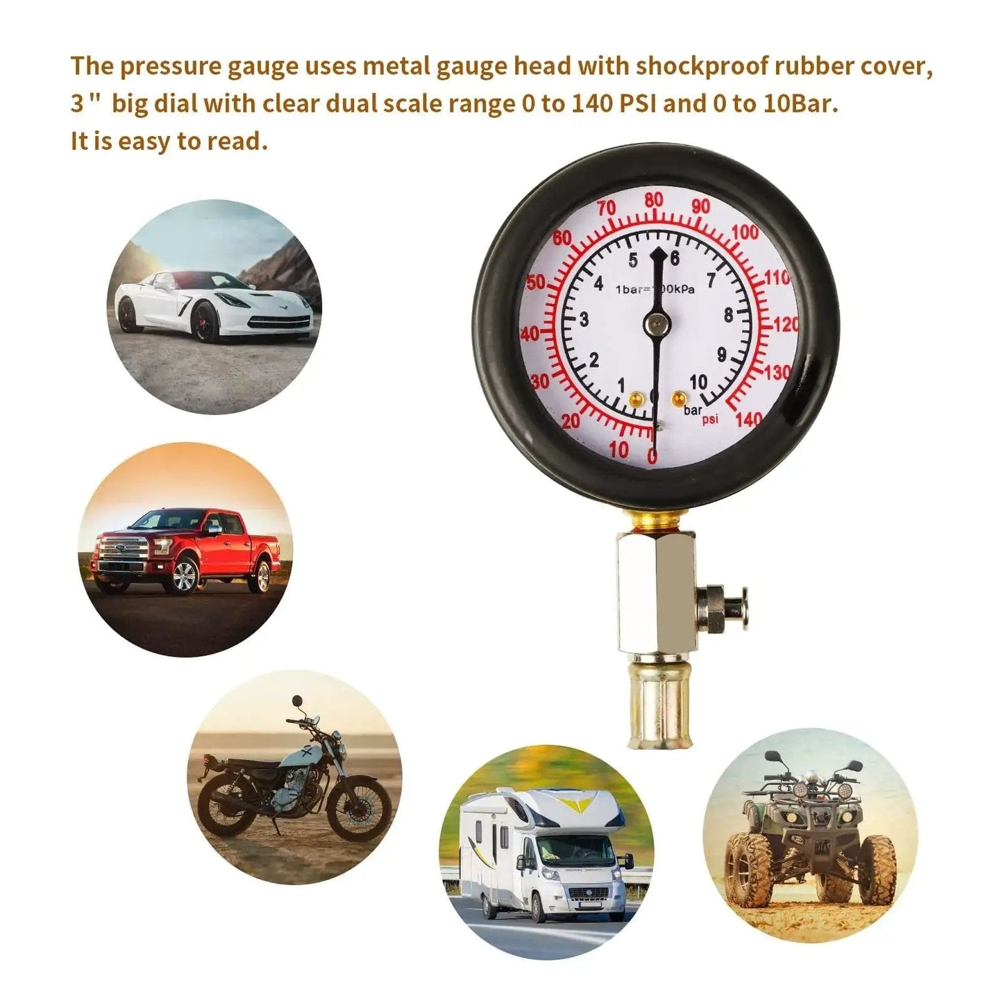 Oil Pressure Tester Tool Kit With Dual Display Gauge 0 To 140 PSI For Cars And Trucks Includes 10 Adapters, metal gauge, rubber cover